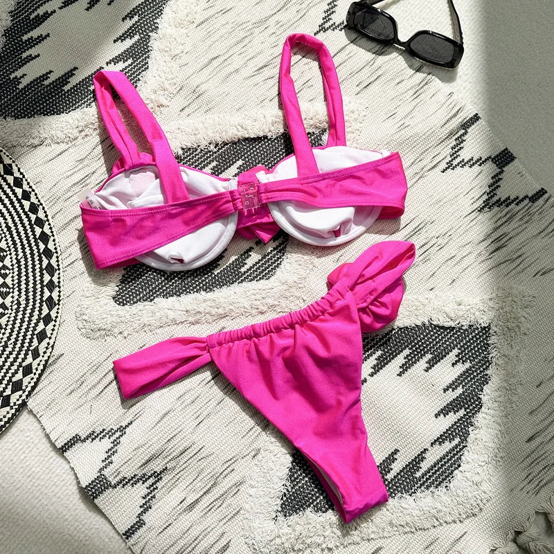 3D Floral Print Bandeau Bikini Set - Sexy Women's Swimsuit with Thong & Brazilian Cut - S-XL Sizes - Perfect for Beach Vacations, Pool Parties & Summer Getaways