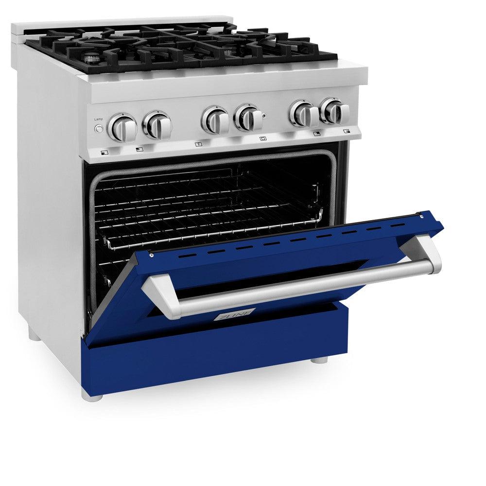 ZLINE 30 Inch 4.0 Cu Ft Dual Fuel Range - Stainless Steel Gas Stove with Blue Gloss Door & Electric Convection Oven | 4 Burner Cooktop for Professional Home Kitchen Cooking | Perfect for Baking, Roasting & Entertaining