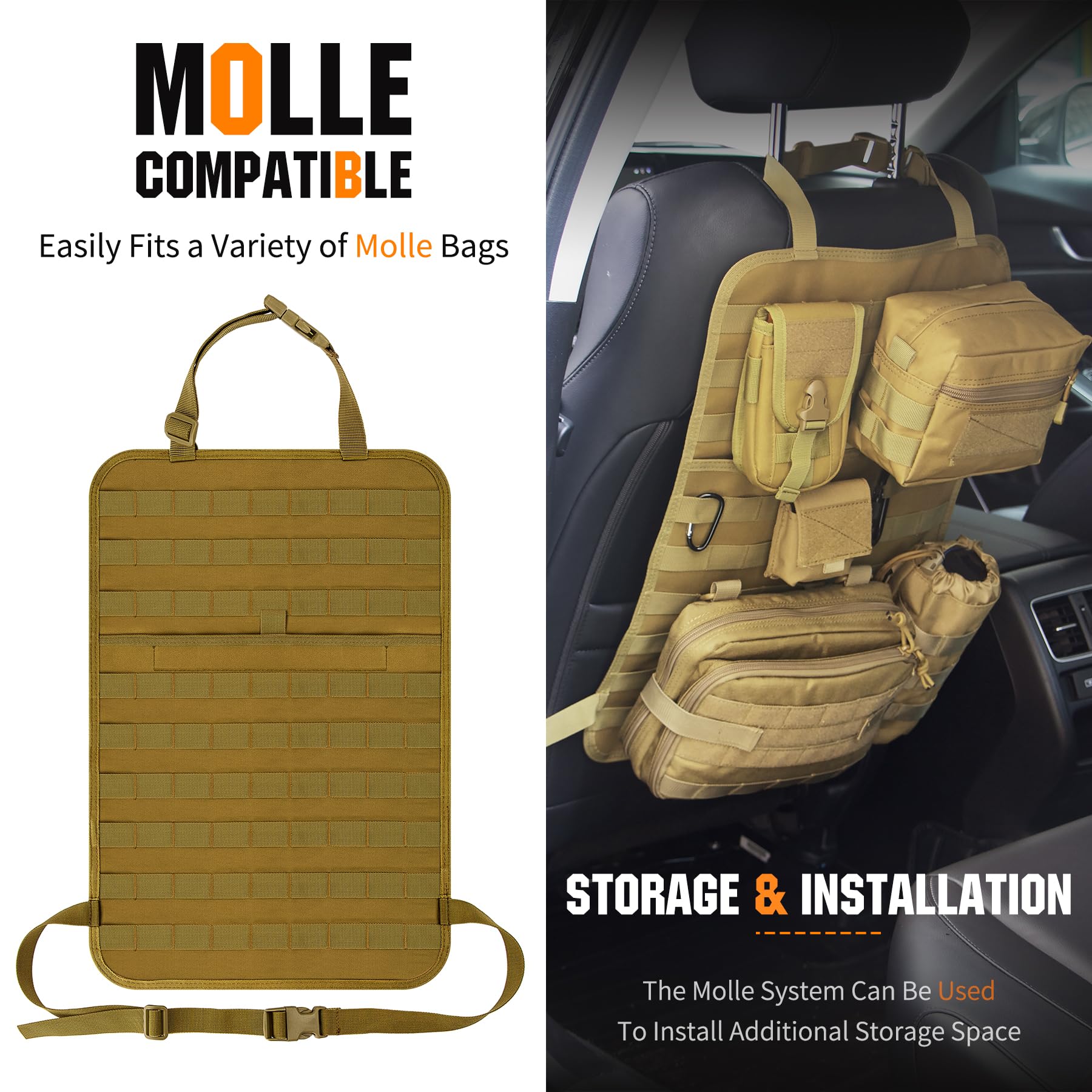 IronSeals 2 Pack Car Seat Back Organizer - Tactical MOLLE Panel Vehicle Seat Cover Protector with Sag-Proof Design, Durable Nylon Storage Hanger Bag for SUV, Truck & Sedan - Perfect for Road Trips, Camping & Daily Commute