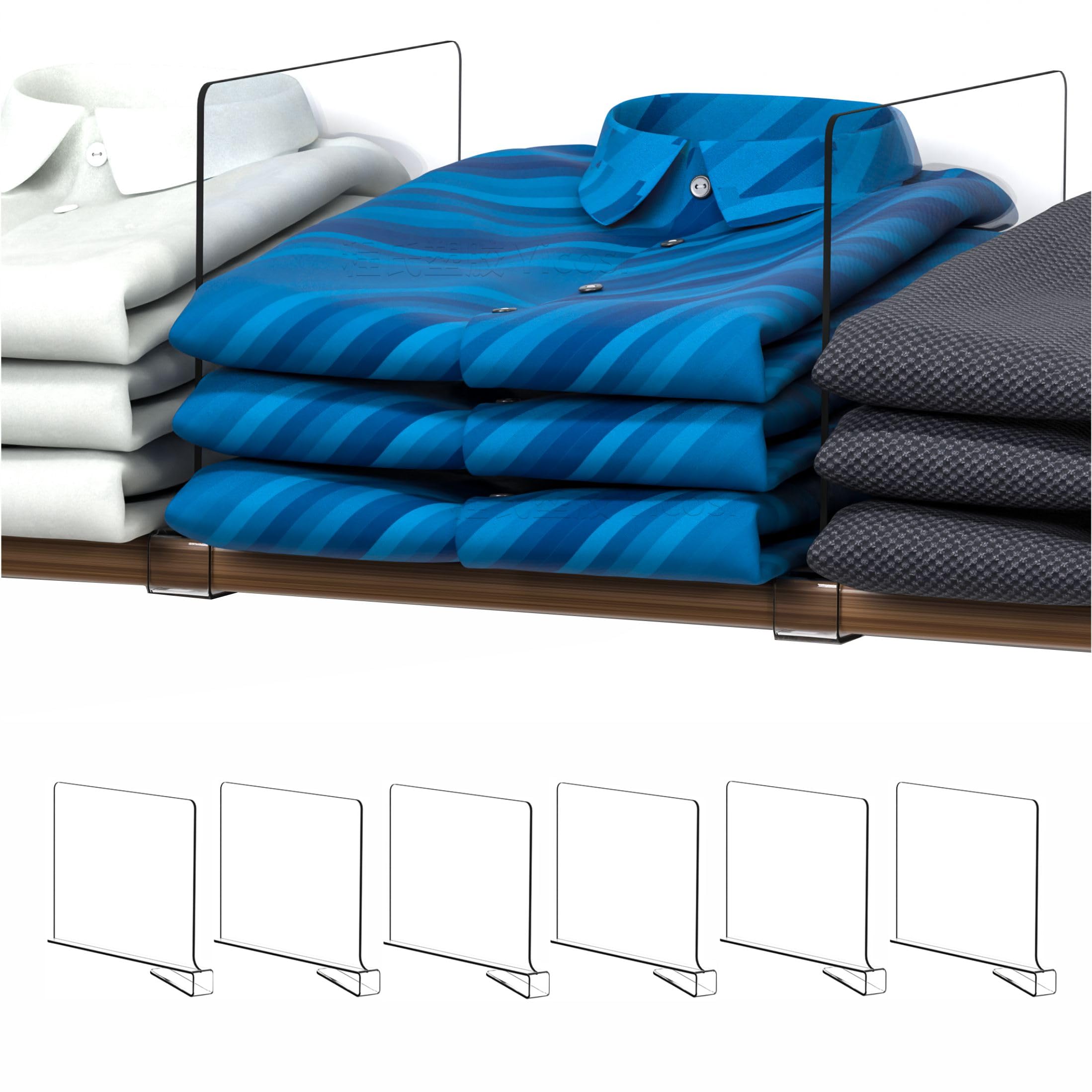 Clear Acrylic Closet Shelf Dividers - 6 Pack Wood Shelf Organizer for Purses, Clothes & Sweaters | Perfect for Bedroom, Kitchen & Closet Storage | Space-Saving Handbag & Clothing Separator