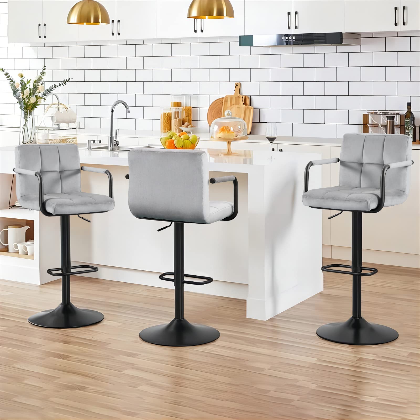 Furnimart Adjustable Swivel Bar Stools Set of 2 - Upholstered Counter Height Bar Chairs with Armrest & Footrest, Velvet Grey - Perfect for Kitchen Island, Breakfast Bar & Dining Room