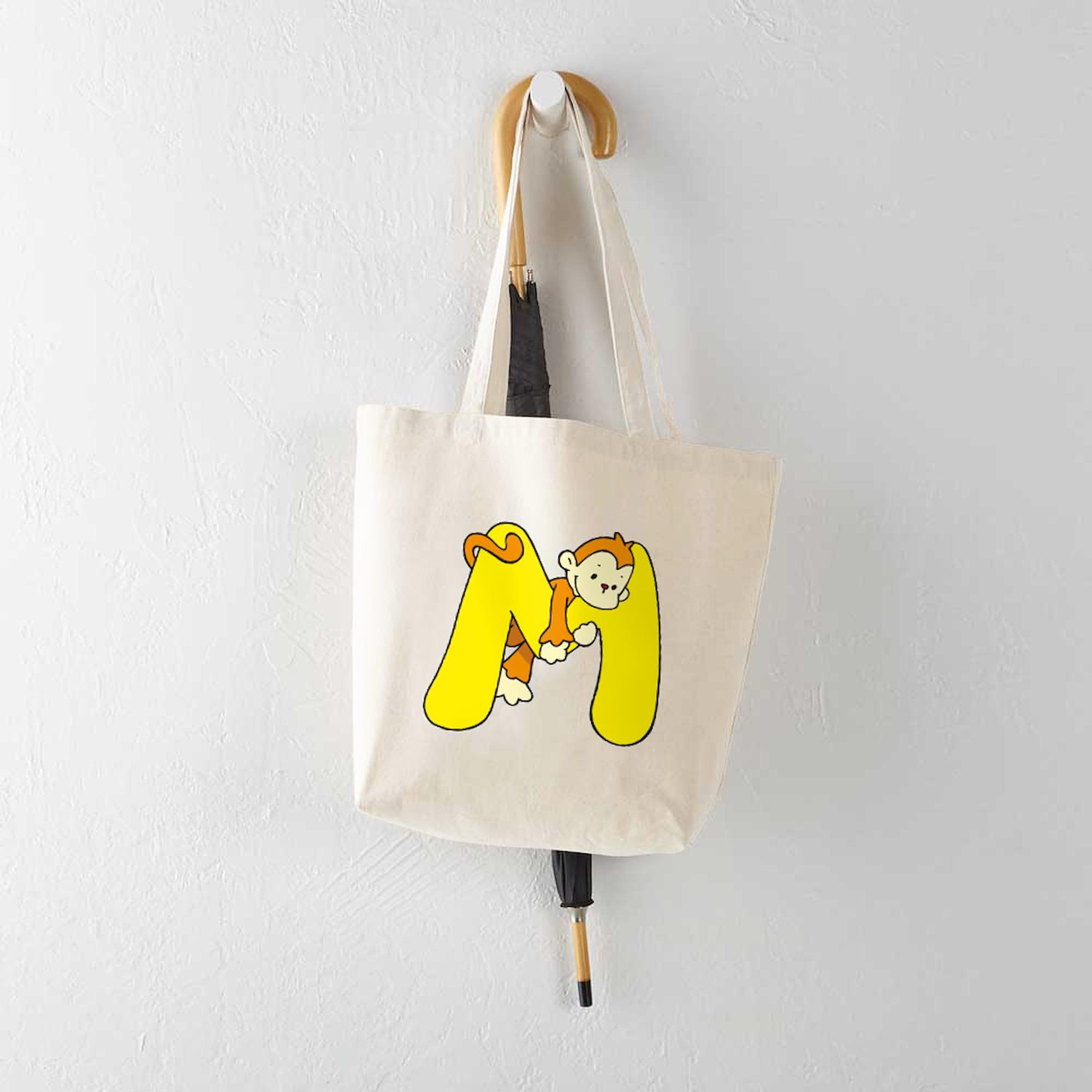 Zoo Alphabet M Monkey Tote Bag - Eco-Friendly Natural Canvas Reusable Shopping Bag for Groceries, Beach & Everyday Use