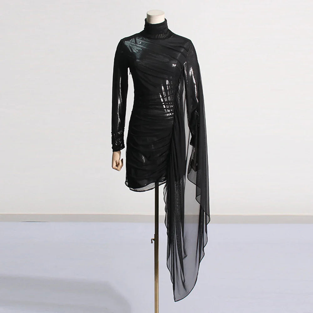 Sexy Black Mesh Pleated Long Sleeve Bodycon Mini Dress for Women - Elegant Party Outfit for Nightclub, Date Night & Celebrity Events