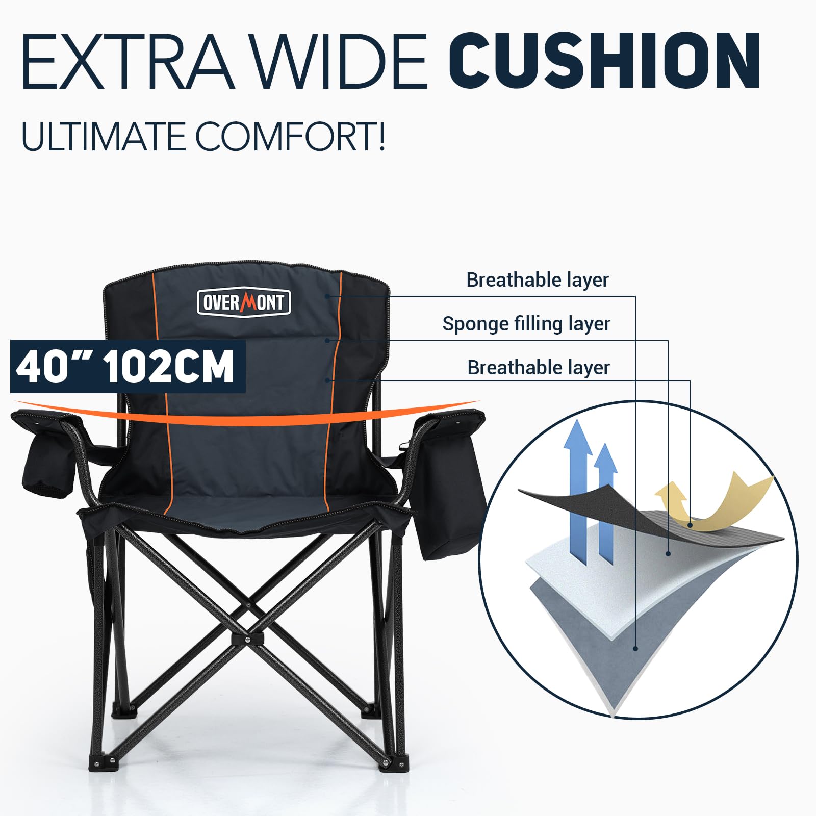 Overmont Heavy Duty Oversized Folding Camping Chairs 2-Pack - 450lbs Weight Capacity with Padded Seat & Cooler Pockets - Portable Collapsible Chairs for Outdoor Sports, Beach, Fishing, Picnics, Backyard, Camping & Garden Relaxation