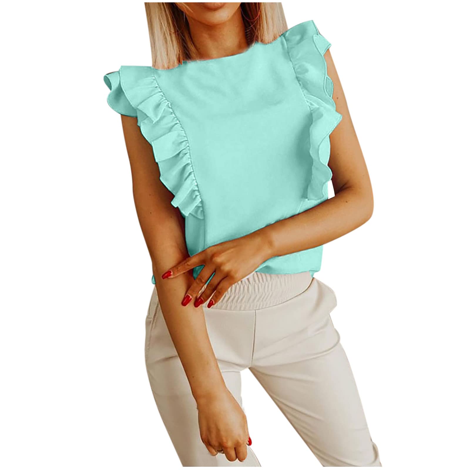 Women's Summer Ruffle Sleeveless Tank Top - Crewneck Casual Blouse & Dressy Tee for Spring 2022 - Perfect for Beach Outings, Date Nights & Office Wear