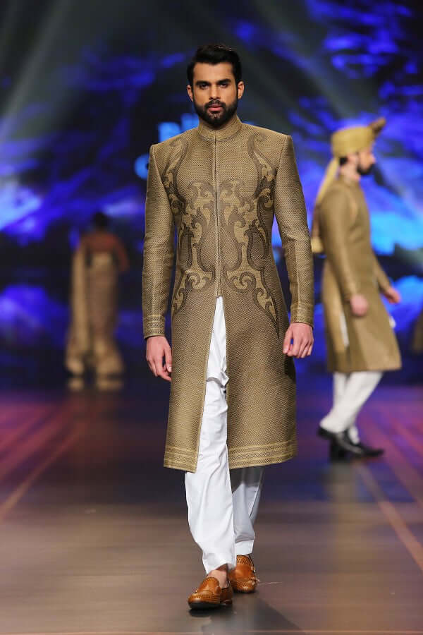 Handwoven Silk Sherwani for Men - Gold & Fawn with Brown Accents | Premium Indian Wedding Attire | Perfect for Weddings, Festivals & Special Occasions