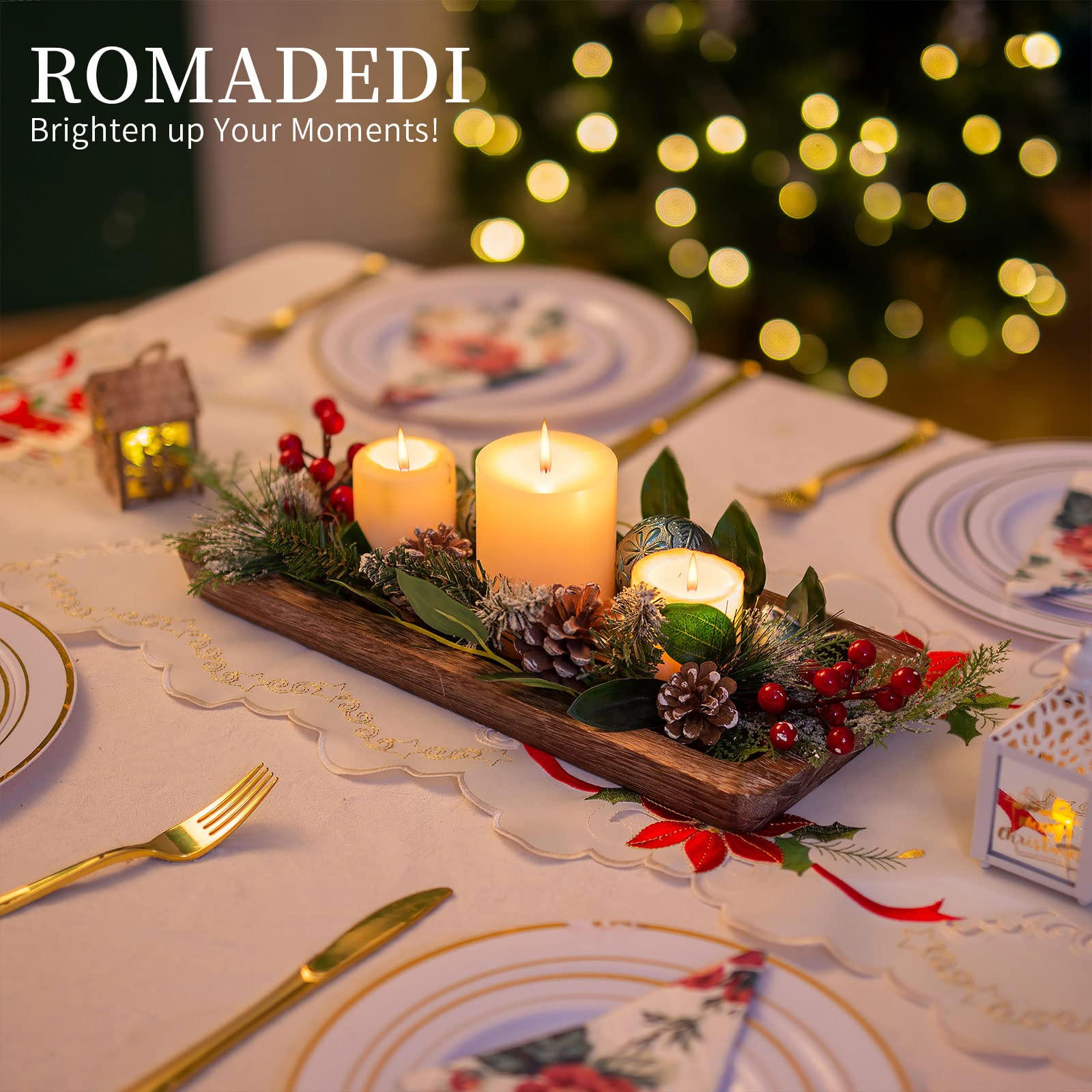 Romadedi Wooden Decorative Tray Candle Holder - Rustic Long Narrow Wooden Tray for Home Decor, Coffee Table, Dining Room & Kitchen | Perfect for Centerpieces, Candle Displays & Organizing Essentials
