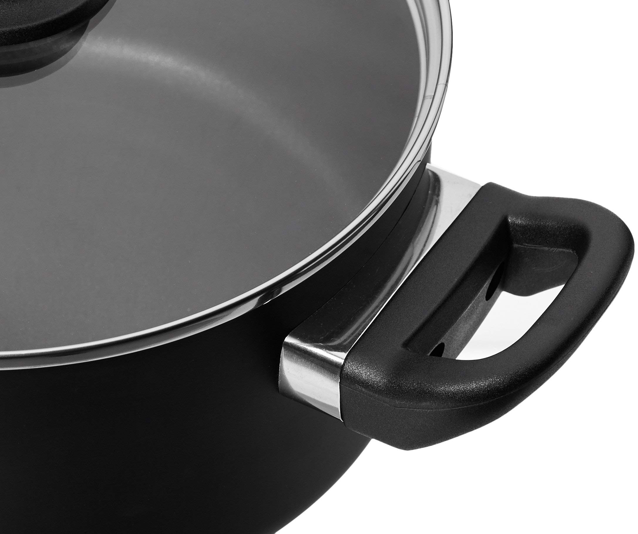 Amazon Basics Non-Stick 15-Piece Cookware Set with Pots, Pans & Utensils + 16-Piece White Dinnerware Set (Plates, Bowls, Mugs) - Service for 4 | Perfect for Family Dinners, Entertaining Guests & Everyday Cooking