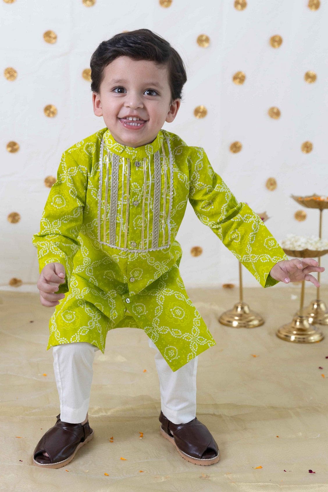 Boys' Bandhani Print Cotton Kurta Set - Green Ethnic Indian Outfit for Festivals & Special Occasions