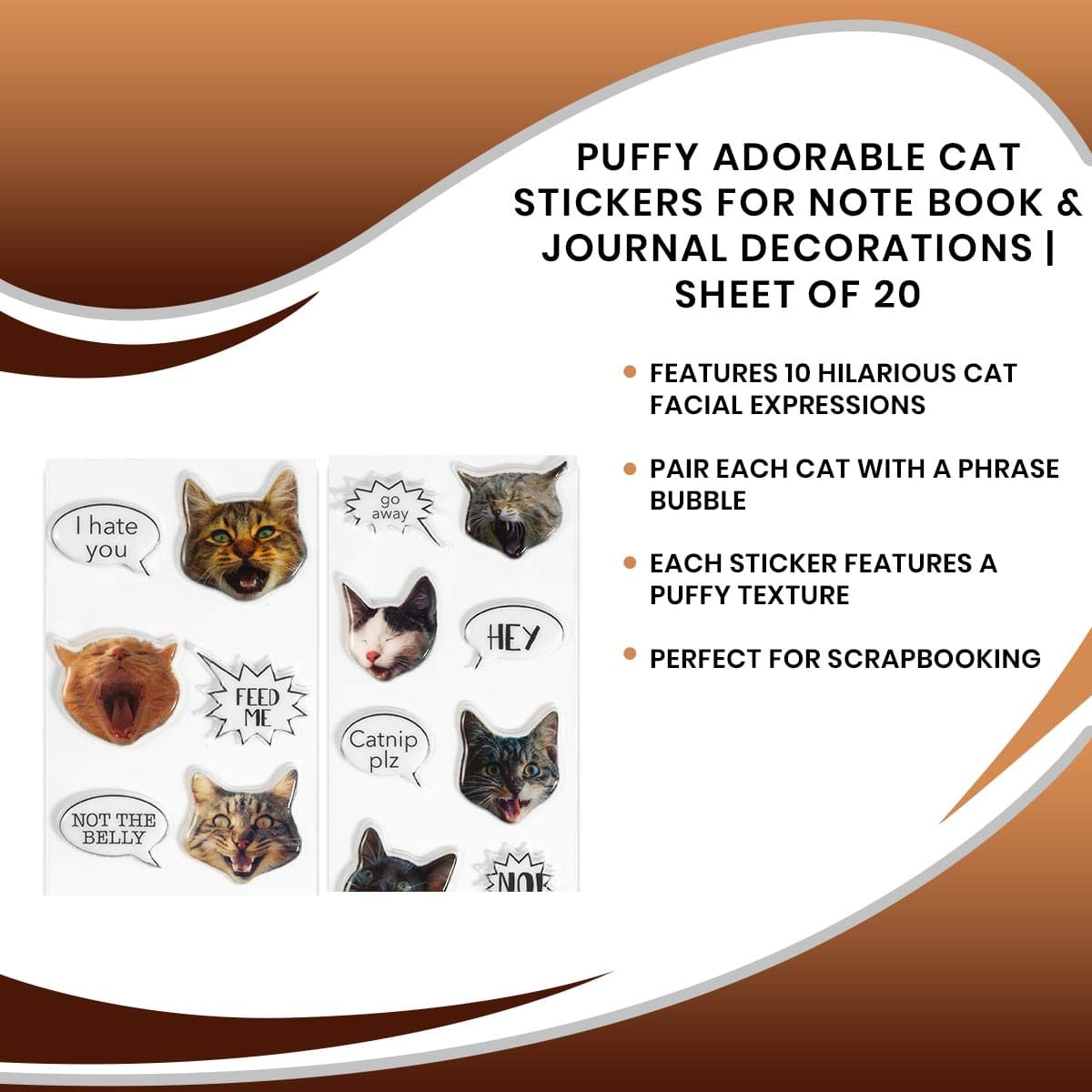 Adorable Puffy Cat Stickers for Notebooks, Journals, Planners & Scrapbooks | Cute Kitten Stickers with Fun Phrases | 20-Piece Sticker Sheet | Perfect for DIY Crafts, School Supplies & Gift Decorations