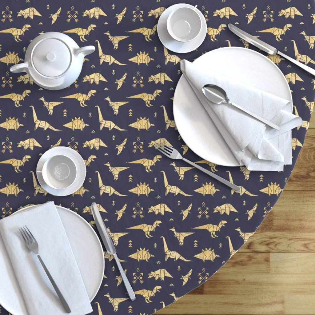 Custom Gold Origami Dinosaur Geometric Print Cotton Sateen Tablecloth - 70 Inch Round Boho Nursery Table Linens for Kids | Perfect for Birthday Parties, Baby Showers & Gender Neutral Home Decor