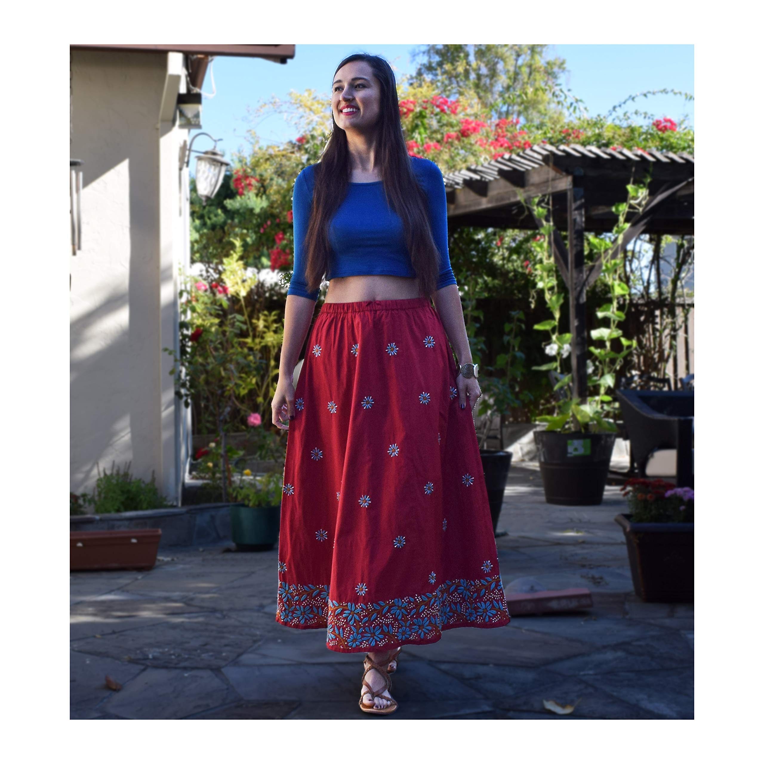 Ayurvastram Pure Cotton Hand Embroidered Long Skirt for Women | Boho Maxi Skirt with Intricate Embroidery | Perfect for Summer, Beach, Yoga & Festivals