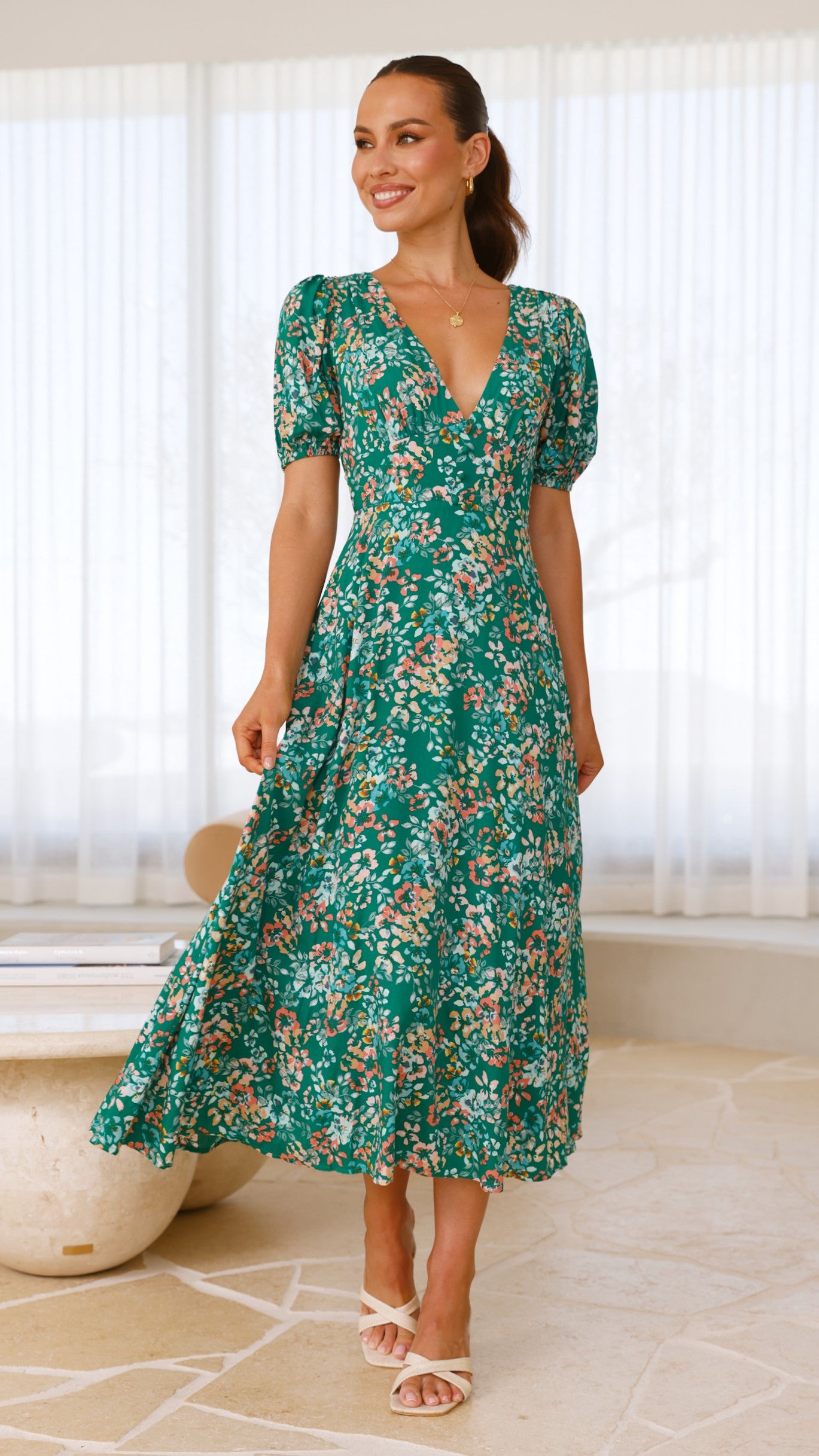 Itzel Green Floral Midi Dress - Elegant Summer Dress for Women, Perfect for Casual Outings, Beach Vacations, and Date Nights