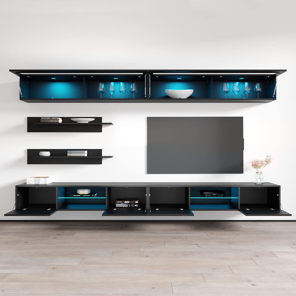 Modern Floating TV Stand with Storage & LED Lights - Wall-Mounted Entertainment Center for Living Room & Bedroom - Space-Saving TV Console with Shelves - Perfect for Small Apartments & Home Theater Setup (Black)