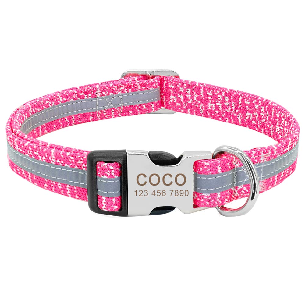 SOCHII Personalized Reflective Dog Collar with Custom Engraved Name Tag - Anti-Lost Nylon Pet Collar for Medium & Large Dogs - Pink - Perfect for Night Walks & Outdoor Adventures