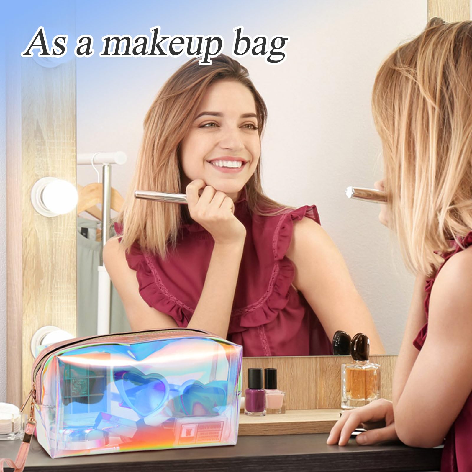 8 Pack Holographic Clear Makeup Bags with Zipper - Waterproof Travel Cosmetic Organizer, Iridescent Toiletry Pouch with Wrist Loop for Women - Perfect for Vacation, Gym, Office, Diaper Storage & Gift Giving (Large Size)
