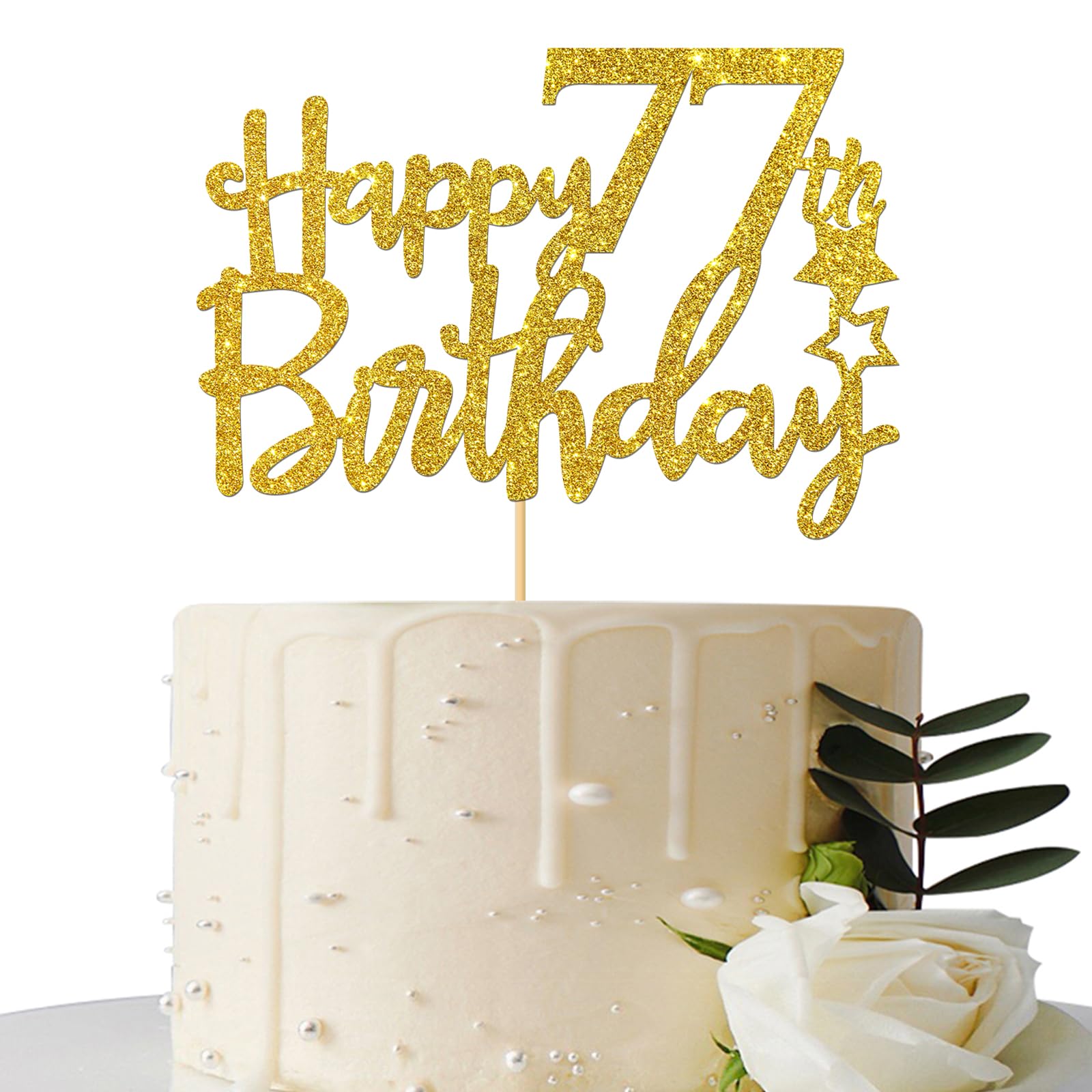 Gold Glitter Happy 77th Birthday Cake Topper - 77 Sign Cake Decoration - Cheers to 77 Years Party Supplies - 77th Birthday Party Decor for Anniversary Celebration, Retirement Party & Milestone Events