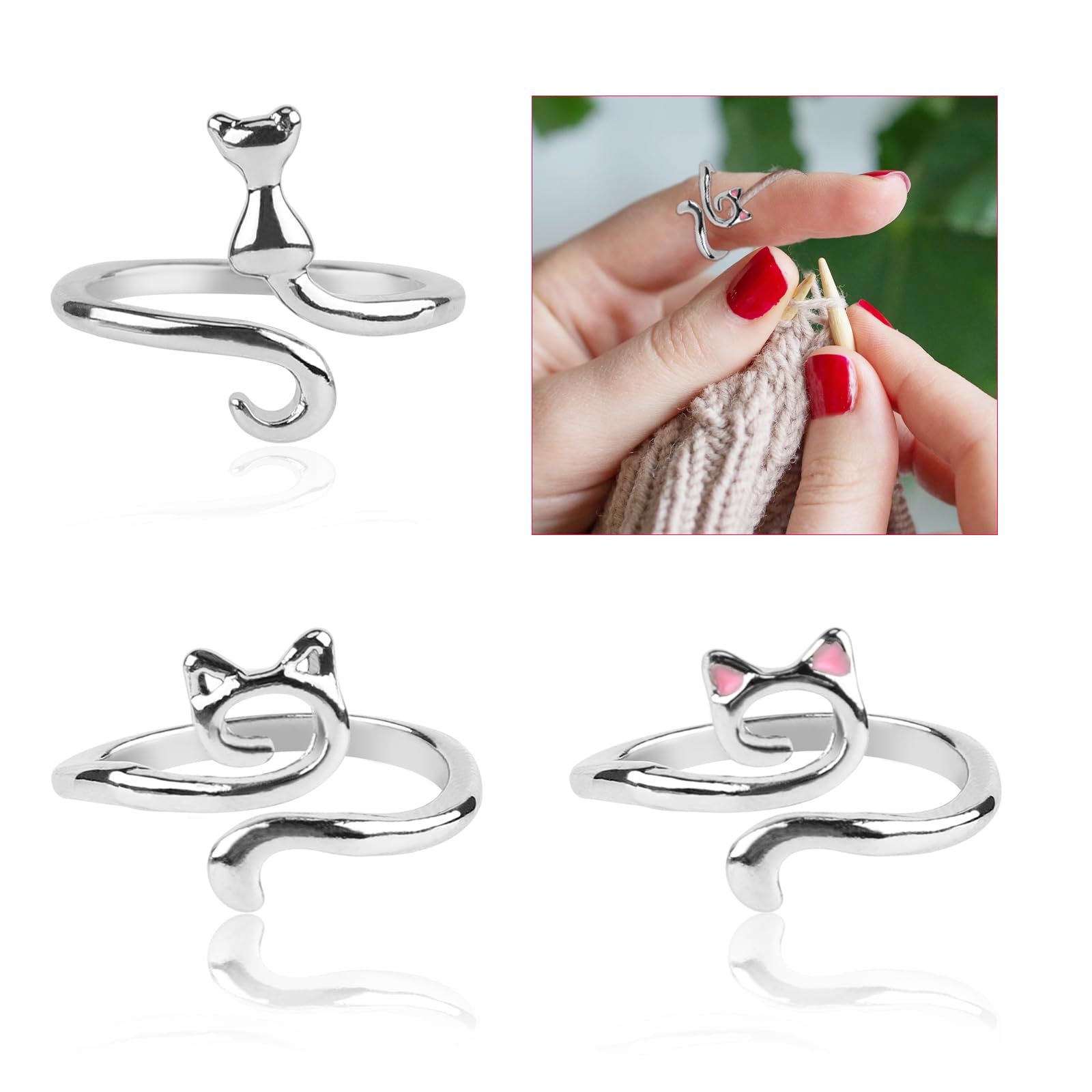 BOXOB 3-Piece Crochet Tension Rings - Cat-Themed Yarn Guide Finger Holders for Faster Knitting & Crocheting (Silver) | Perfect for Beginners & Experienced Knitters, Ideal for DIY Projects & Handmade Gifts