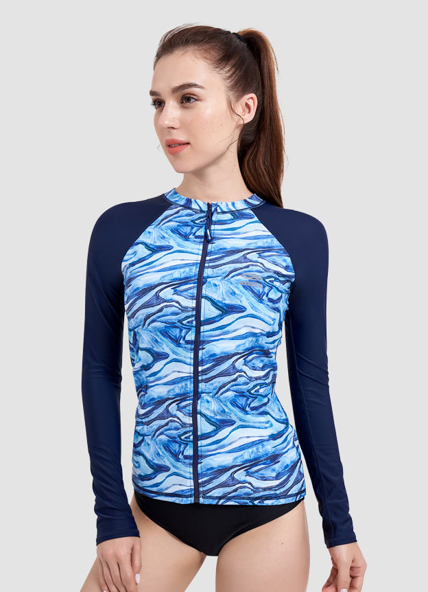 UPF 50+ Marbling Print Long Sleeve Zip-Up Rash Guard for Men Women - Sun Protection Swim Shirt for Surfing, Swimming & Outdoor Water Sports