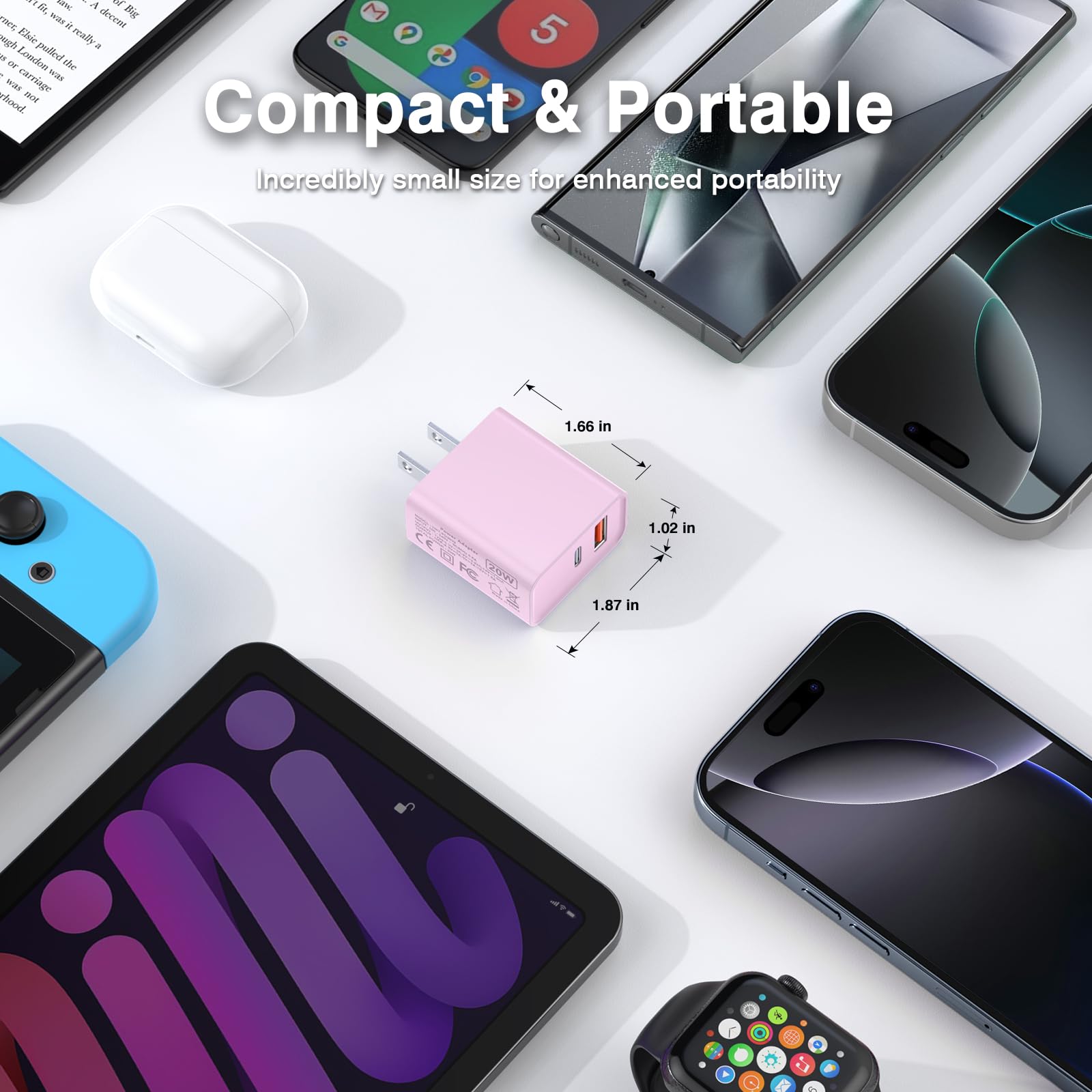 20W USB-C Fast Charger [2 Pack] - PD & QC3.0 Dual Port Wall Charger for iPhone 15/14/13, iPad, Samsung Galaxy S23/S22, PS5 - Compact Power Brick for Home, Office & Travel (Pink)