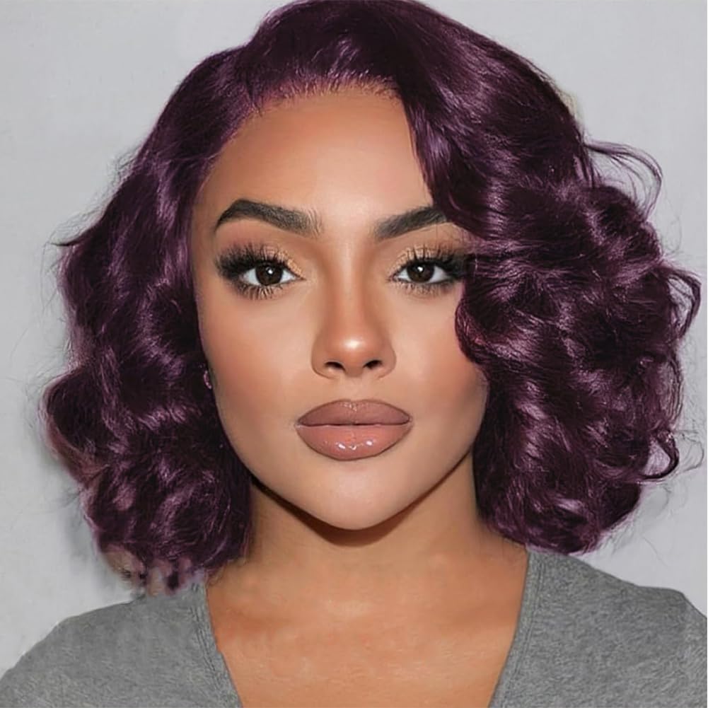 12inch Purple Bob Wig Human Hair Pre Plucked with Baby Hair | 13x4 Dark Burgundy Body Wave Lace Front Wigs | 180% Density Deep Purple Wigs for Black Women | Perfect for Cosplay, Halloween & Daily Fashion