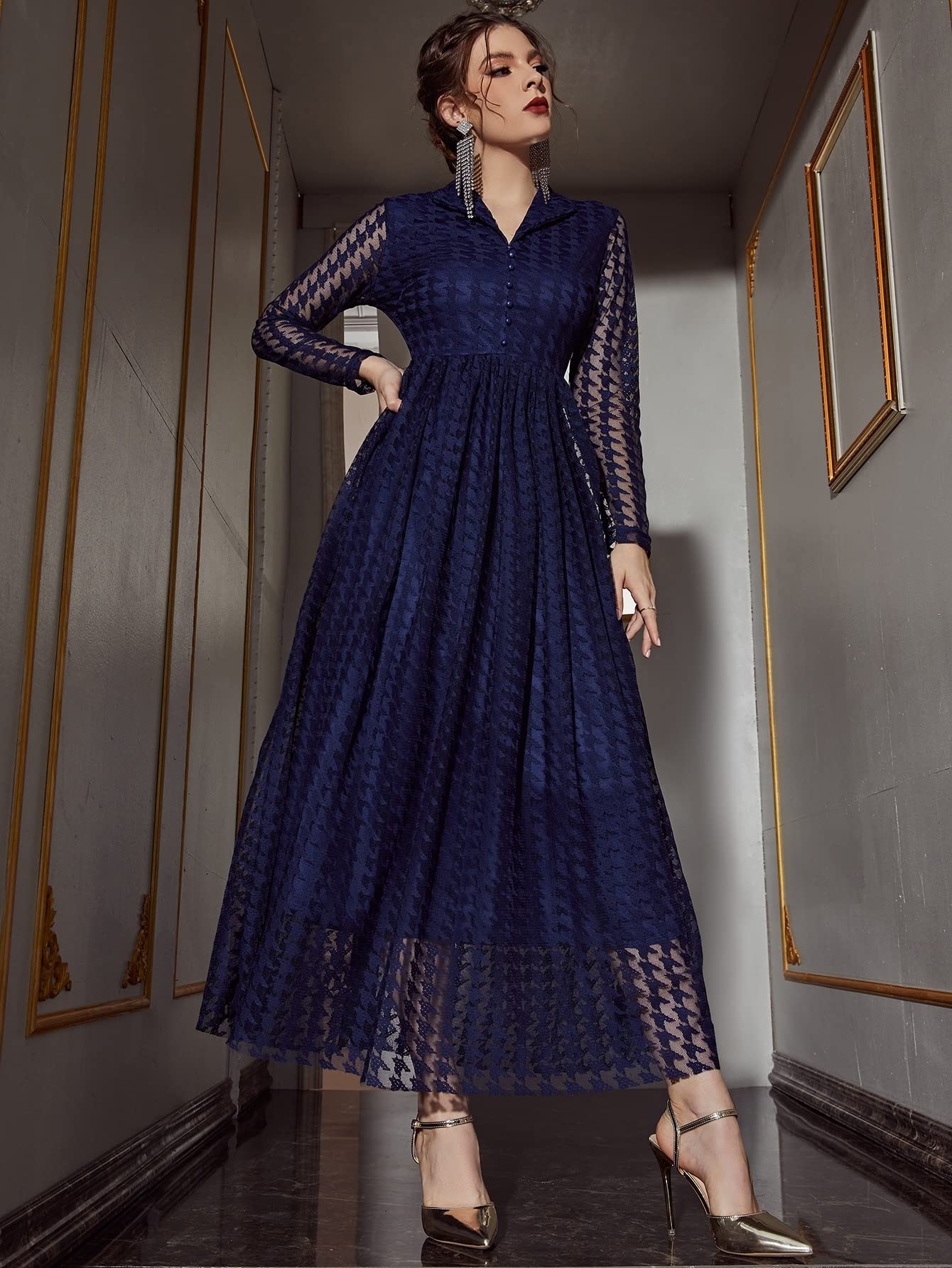 Elegant Summer Women's Long Lace Dress - Single Breasted Long Sleeve Midi Dress for Club, Party & Evening Occasions | Flowy Boho Style for Weddings, Dates & Special Events