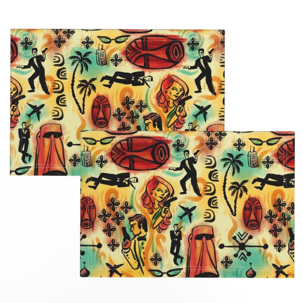Spoonflower Linen Cotton Canvas Placemats Set of 2 - Exotic Red Mid Century Print Table Mats for Dining, Kitchen Decor & Holiday Entertaining