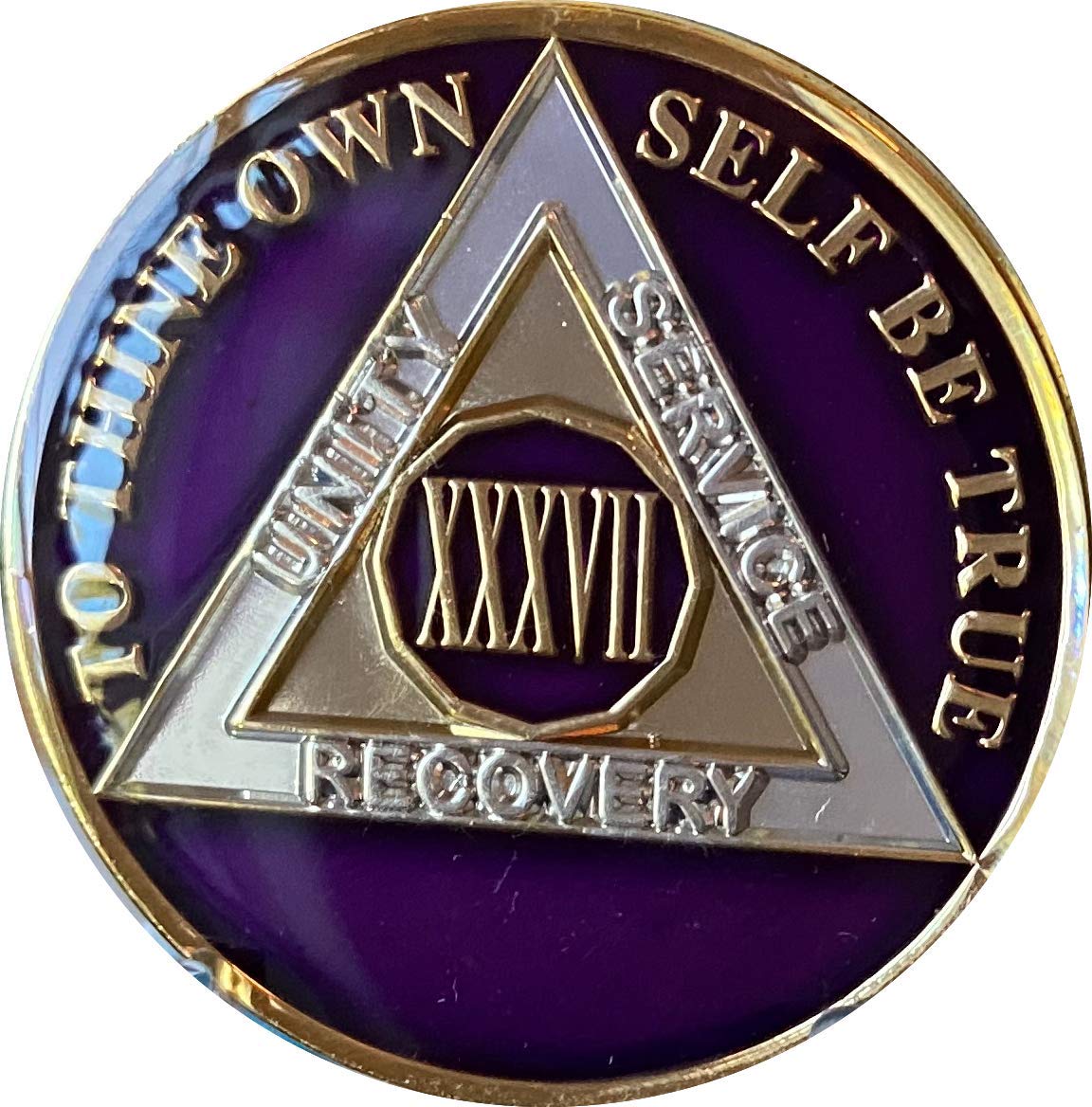 37 Year AA Medallion Metallic Purple Tri-Plate Sobriety Chip XXXVII - Commemorative Recovery Token for Milestone Celebrations & Support Groups