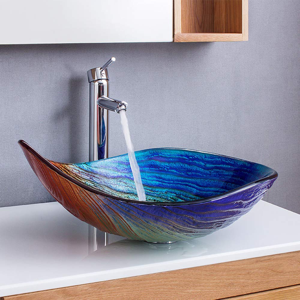 Rainbow Tempered Glass Vessel Sink - Water Drop Shape Artistic Bathroom Vanity Bowl with Pop-Up Drain & Mounting Ring - Single Sink for Modern Bathroom & Powder Room Decor