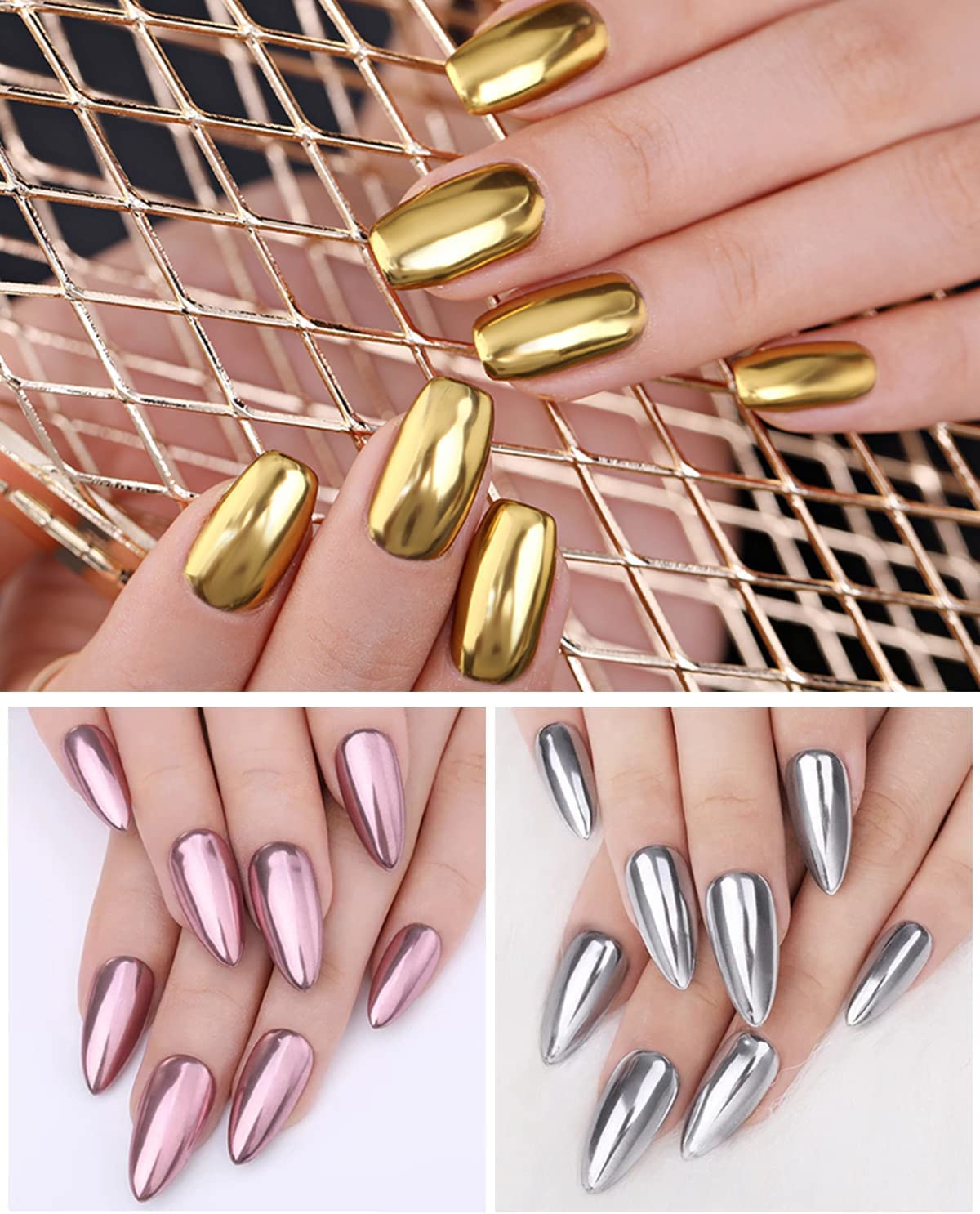 NAILWIND Chrome Nail Powder Set - 3D Holographic Mirror Effect Nail Art Pigments (2-Piece Gold & Silver) for Professional Salon & DIY Manicure at Home