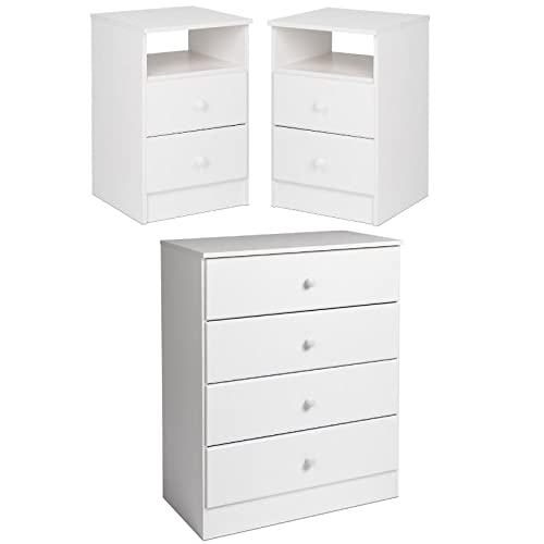Home Square 3-Piece Bedroom Set - White 2-Drawer Nightstands (2) & 4-Drawer Dresser - Complete Bedroom Furniture for Master & Guest Rooms