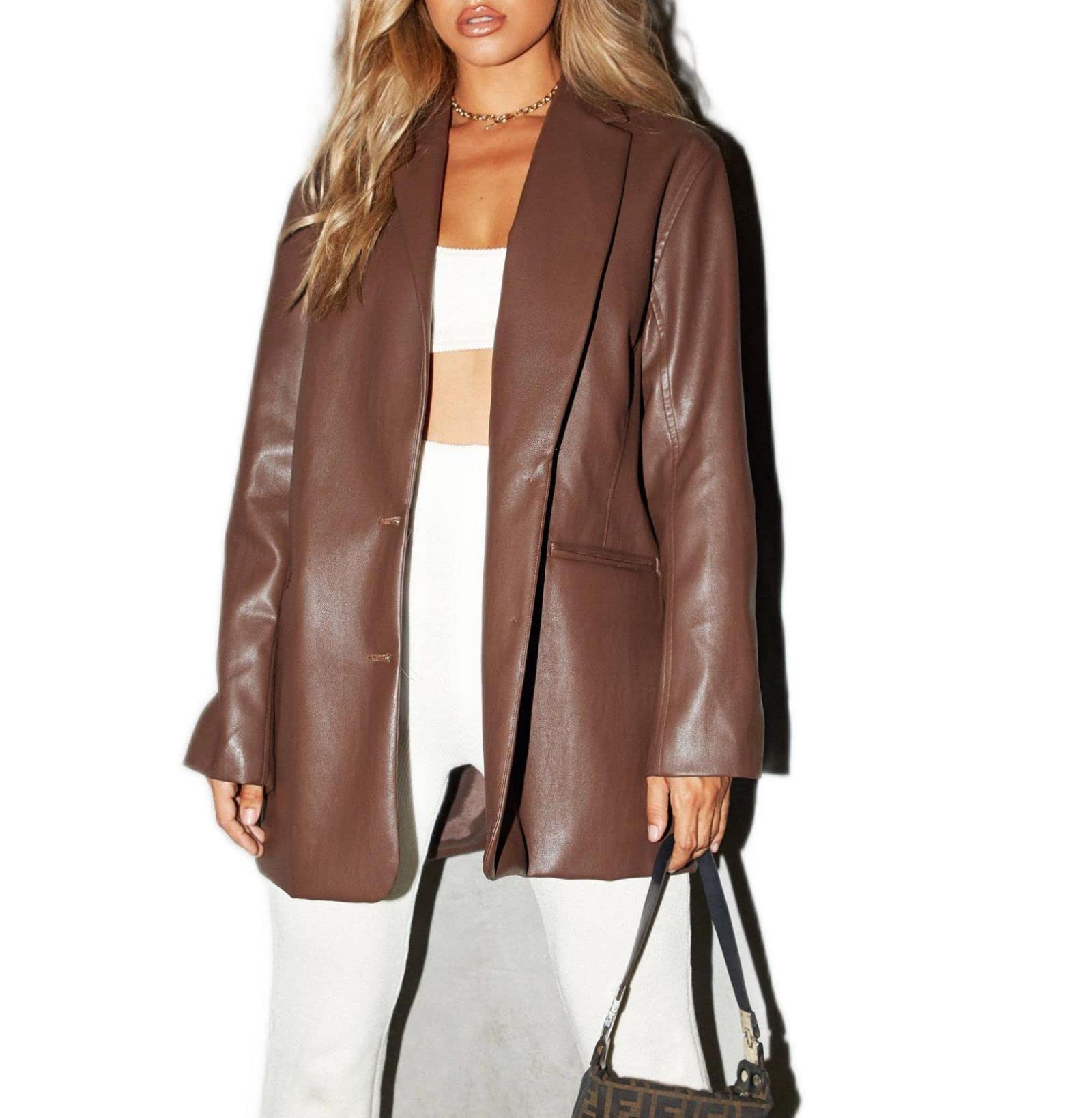 Stylish Women's Faux Leather Jacket - Oversized PU Blazer Boyfriend Shacket Coat with Button Down Design, Long Sleeve Outerwear for Casual Outfits & Fall Fashion