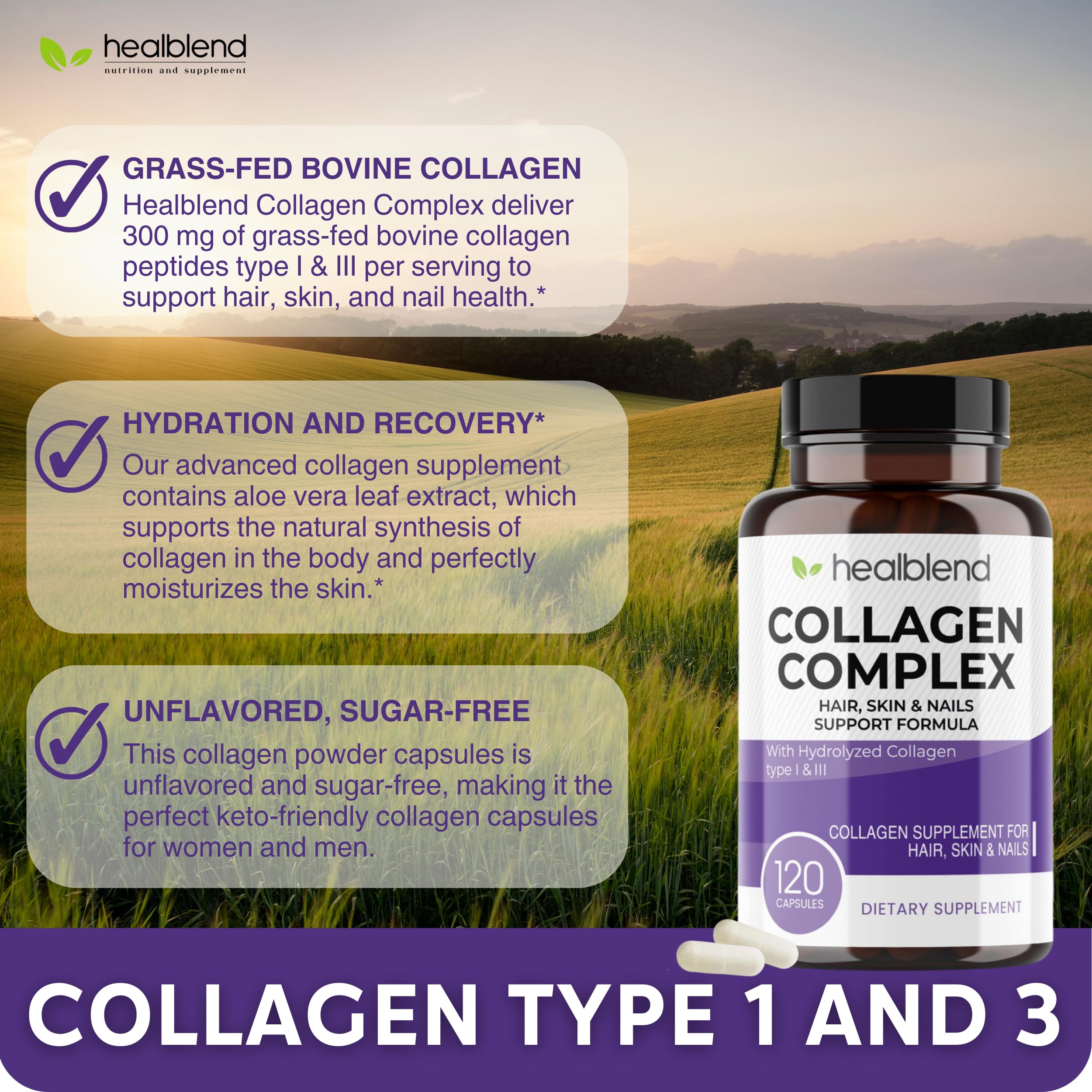 Healblend Collagen Complex - Hydrolyzed Collagen Peptides Supplement for Women & Men | Supports Anti-Aging, Joint Health, Skin Elasticity, Hair Growth & Strong Nails (120 Capsules) - Ideal for Daily Wellness, Fitness Recovery & Beauty Routine