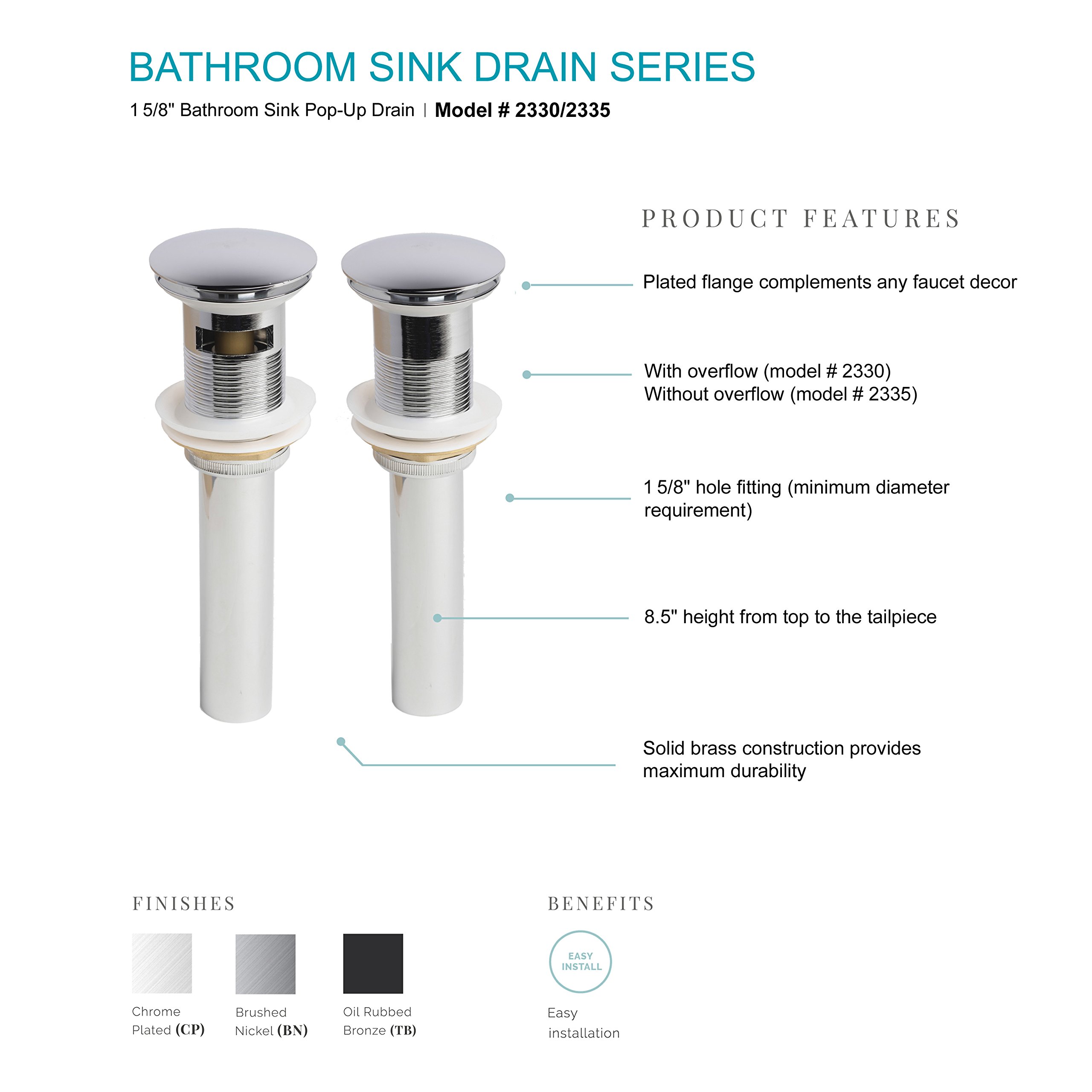 Brushed Nickel Bathroom Faucet with Pop-Up Drain & Overflow - 2330BN Vanity Sink Drain for Modern Bathrooms (Perfect for Home Renovation & Guest Bathroom Upgrades)