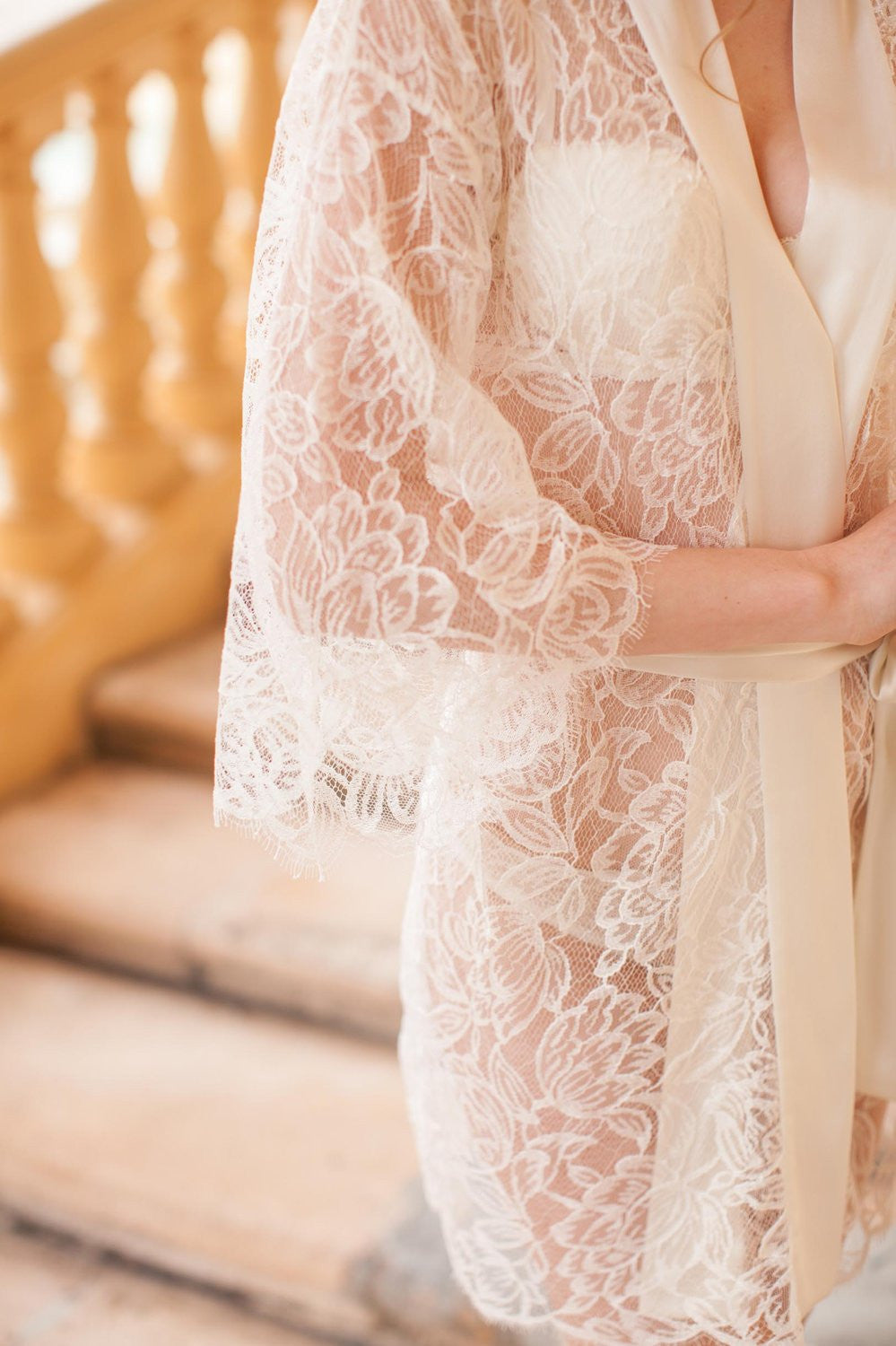 Ivory Tulip French Lace & Silk Kimono Robe - Elegant Loungewear for Women, Bridal Party, Spa & Special Occasions