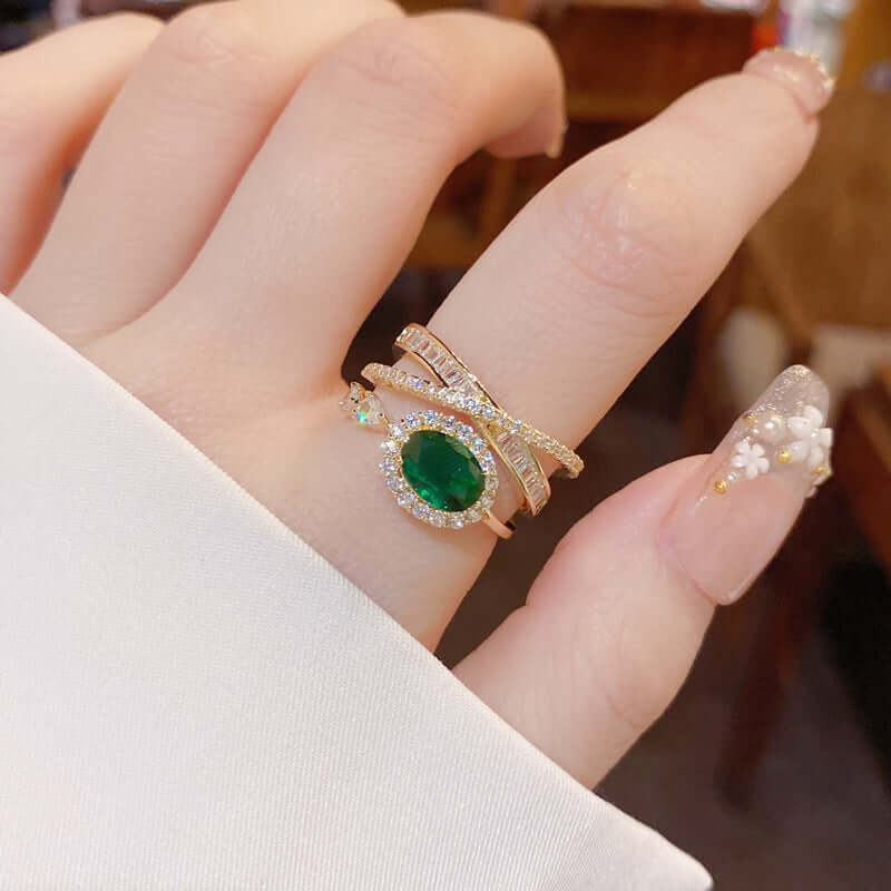 Emerald Green CZ Layered Cross Stacking Ring Set for Women | Elegant Jewelry Gift for Christmas, Birthday & Anniversary | K4205