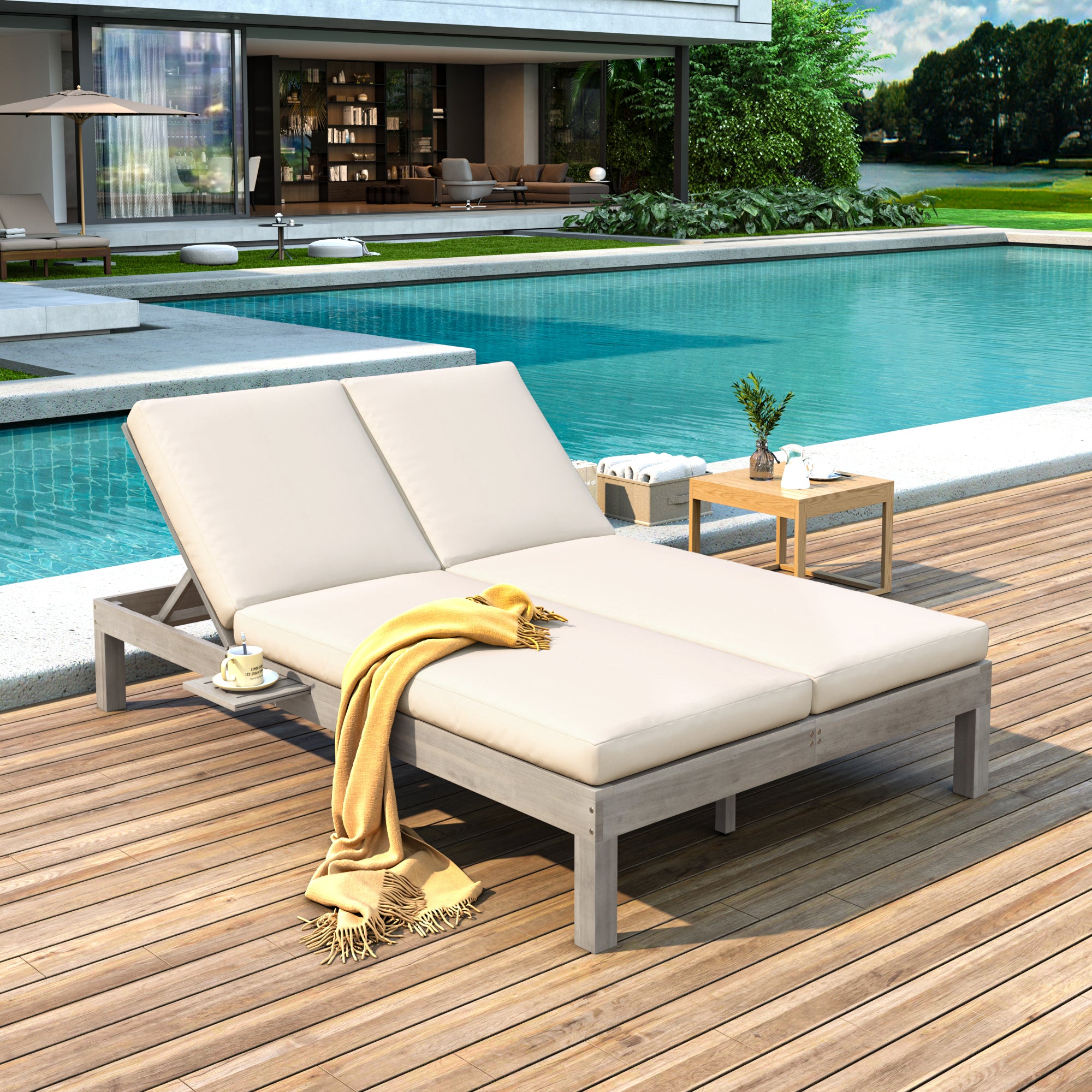5-Position Adjustable Backrest Outdoor Chaise Lounge Daybed with Cushion & Folding Side Trays - Patio Poolside Garden Furniture for 2 People - Perfect for Sunbathing, Relaxing by the Pool or Backyard Lounging