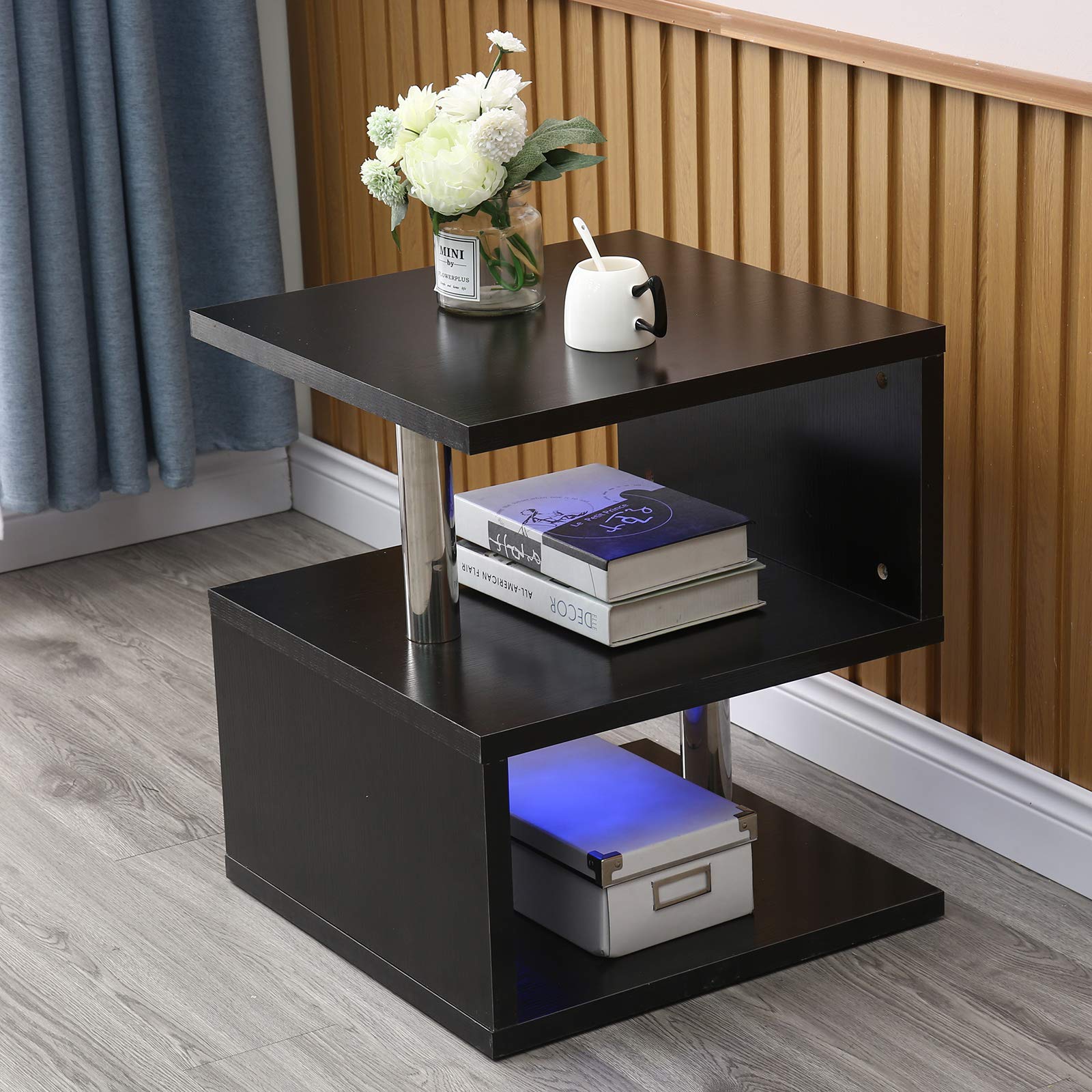 Modern LED Coffee Table & Nightstand - High Gloss White End Table with S-Shaped Design & Open Shelves - MDF Bedside Cabinet for Living Room, Bedroom - Perfect for Small Spaces, Studio Apartments & Modern Home Decor