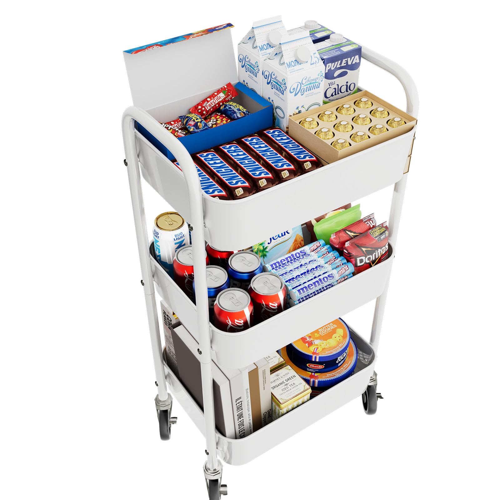 3-Tier Rolling Metal Cart with Wheels - Heavy Duty Kitchen Storage Organizer for Books, Snacks & Tools - White - Perfect for Small Spaces, Dorm Rooms & Office Organization