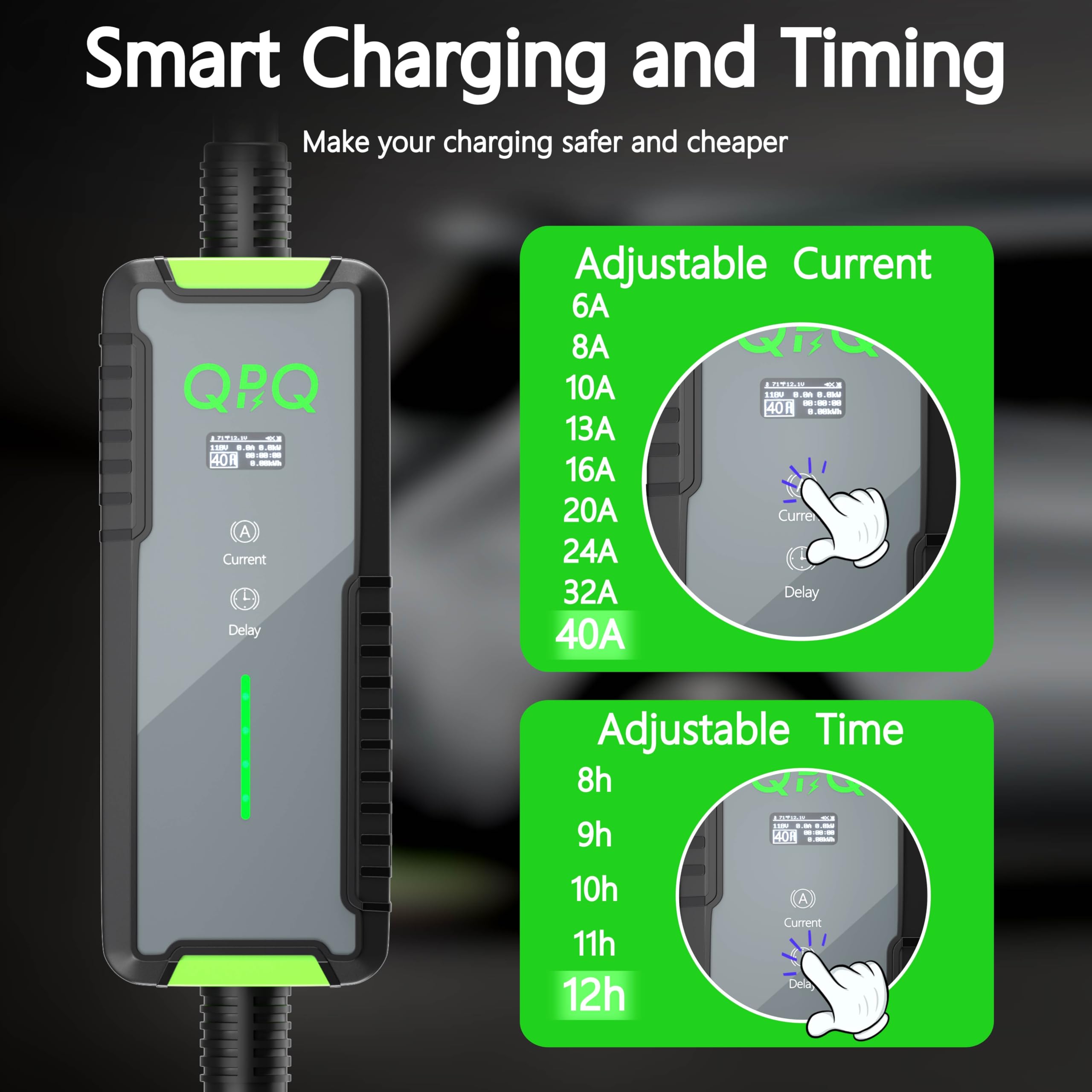 QPQ Level 2 EV Charger 40A 240V - Portable Electric Vehicle Charging Station with Adjustable Current & Timer, J1772 Plug & 21ft Cable (NEMA 14-50) - Fast Home & Travel Charging for Tesla, Chevy, Nissan EVs
