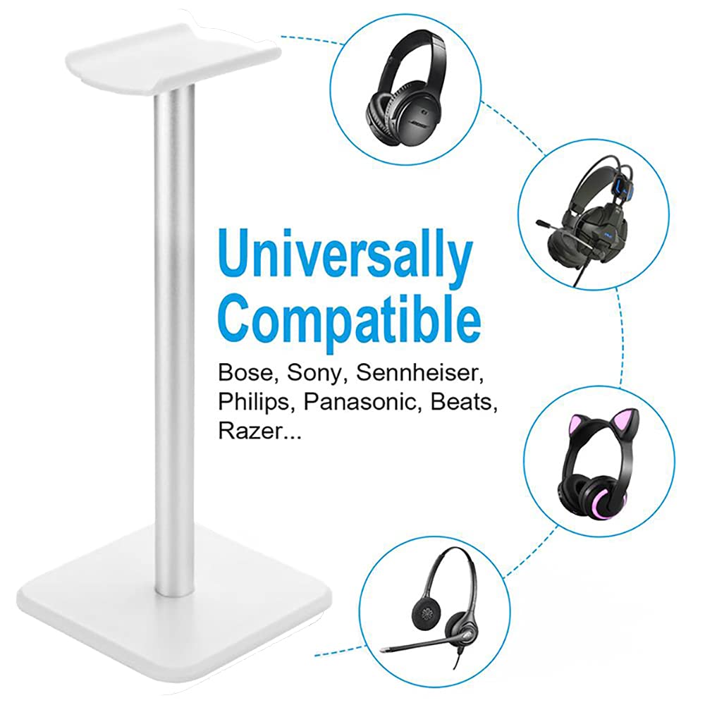Universal Aluminum Headphone Stand Holder - Compatible with AirPods Max, HyperX Cloud II, Xbox One, Turtle Beach, Sennheiser, Sony, Bose, Beats & More - Perfect for Gaming Setup, Office Desk & Headphone Storage (White)