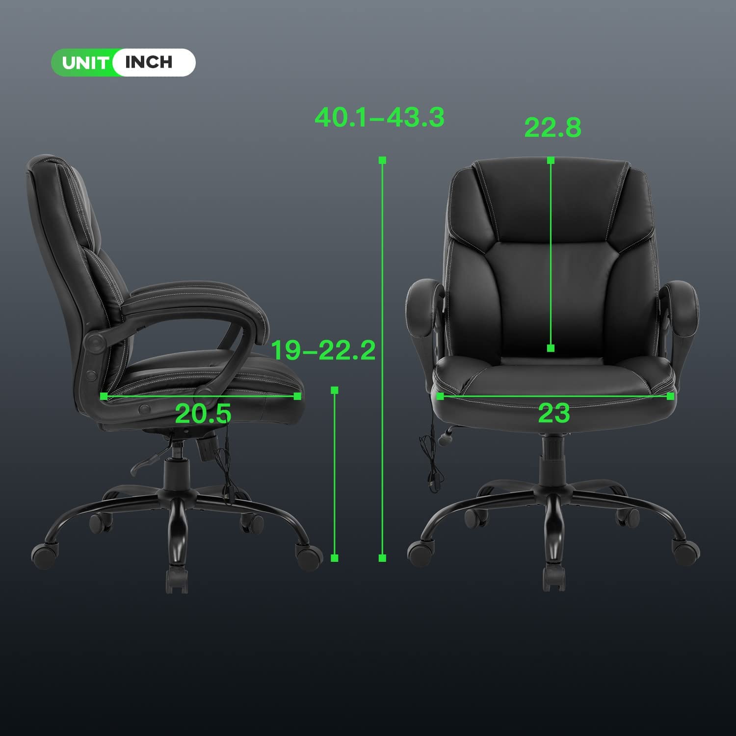 Big and Tall Office Chair - Ergonomic Executive Desk Chair with Wide Seat (400lbs Capacity), PU Leather, Lumbar Support & Adjustable Arms - Mid Back Computer Task Chair for Home & Office (Black)