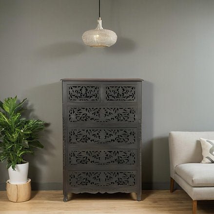 Solid Wooden Carved Tallboy Chest of 5 Drawers - Vintage Style Bedroom Dresser for Clothes Storage | Perfect for Master Bedroom, Guest Room & Apartment Organization