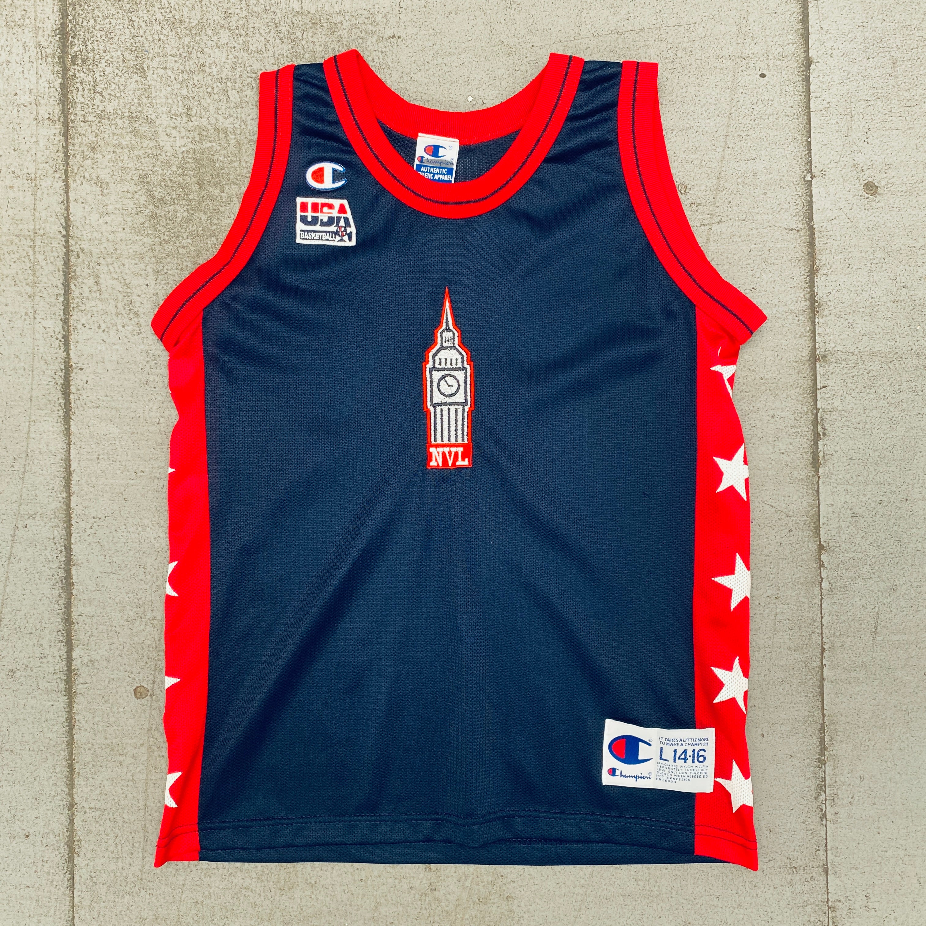 Vintage NVL ReWork Embroidered Logo Team USA 1996 Champion Jersey - Retro Basketball Apparel for Collectors & Fans