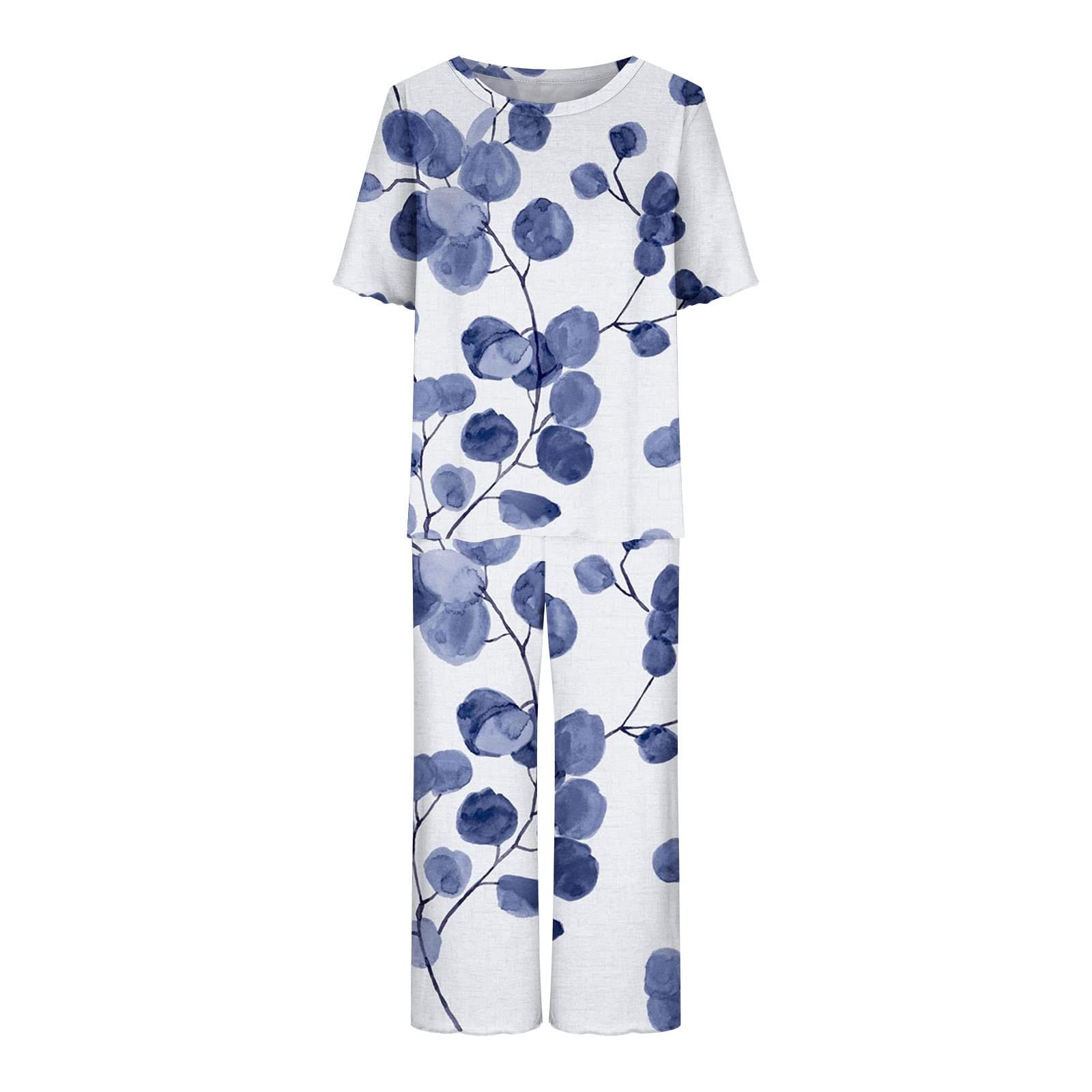 2 Piece Women's Lounge Pajama Set - Cute Floral Print Short Sleeve T-Shirt & Loose Capri Pants Comfy Homewear Outfit for Sleeping, Relaxing & Lounging at Home