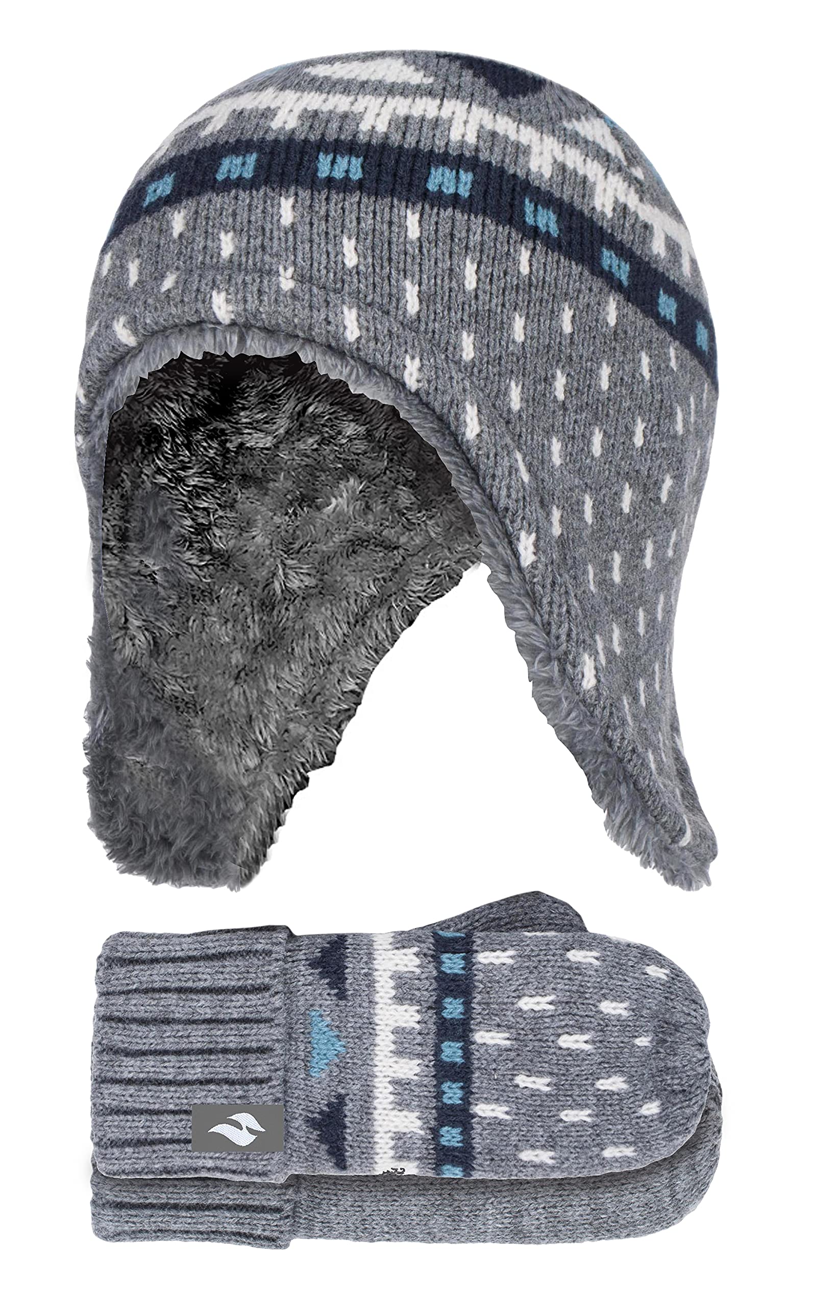 Heat Holders Boys Fleece Lined Winter Hat with Ear Flaps & Mittens Set - Warm Cold Weather Outdoor Accessories for Snow Play, Skiing, and Winter Activities