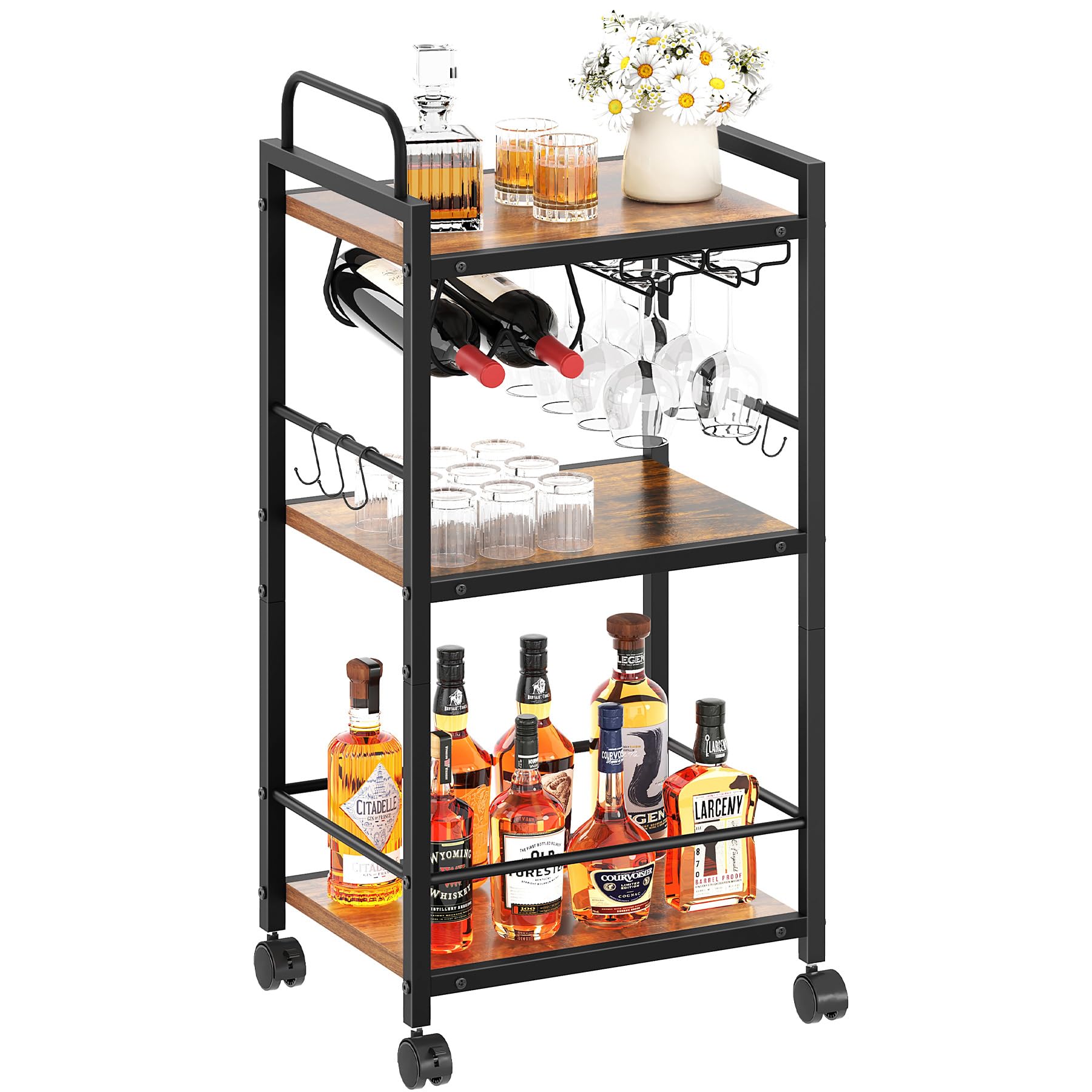3-Tier Rolling Bar Cart with Wheels & Glass Holders - Rustic Brown Kitchen Cart, Wine Rack for Dining Room, Living Room - 13