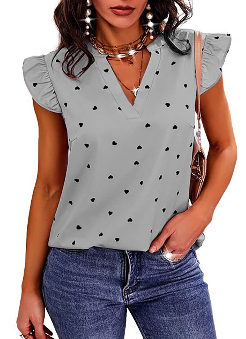 Bigeoosh Women's Casual Ruffle Sleeve Blouse - V Neck Heart Print Cute Tunic Top for Work, Date Night & Spring Outfits