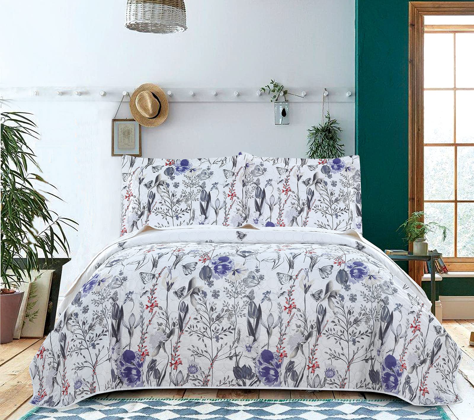 **Purple Floral Quilt Set King Size - Reversible Countryside Bedspread Coverlet - Lightweight Summer Flower Bedding with Tulip & Butterfly Print - Includes 2 Pillow Shams - Perfect for Bedroom Decor, Guest Room, or Cozy Farmhouse Style**
