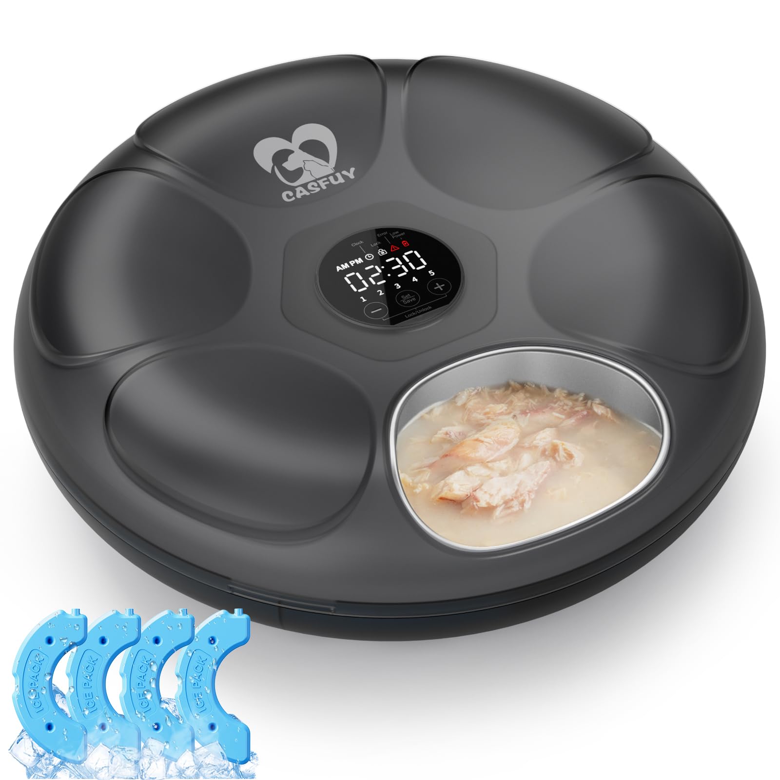 Casfuy Automatic Cat Feeder - Rechargeable Cordless Pet Food Dispenser with Programmable Timer, Stainless Steel Bowl for Wet/Dry Food, Low Battery Alert - Perfect for Busy Pet Owners & Multi-Pet Households